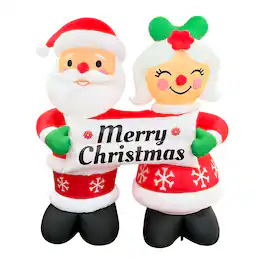 GOOSH Inflatables - GOOSH 7FT Santa and Mrs. Claus Inflatable Holding “Happy Holidays” Sign with LED Lights - Red