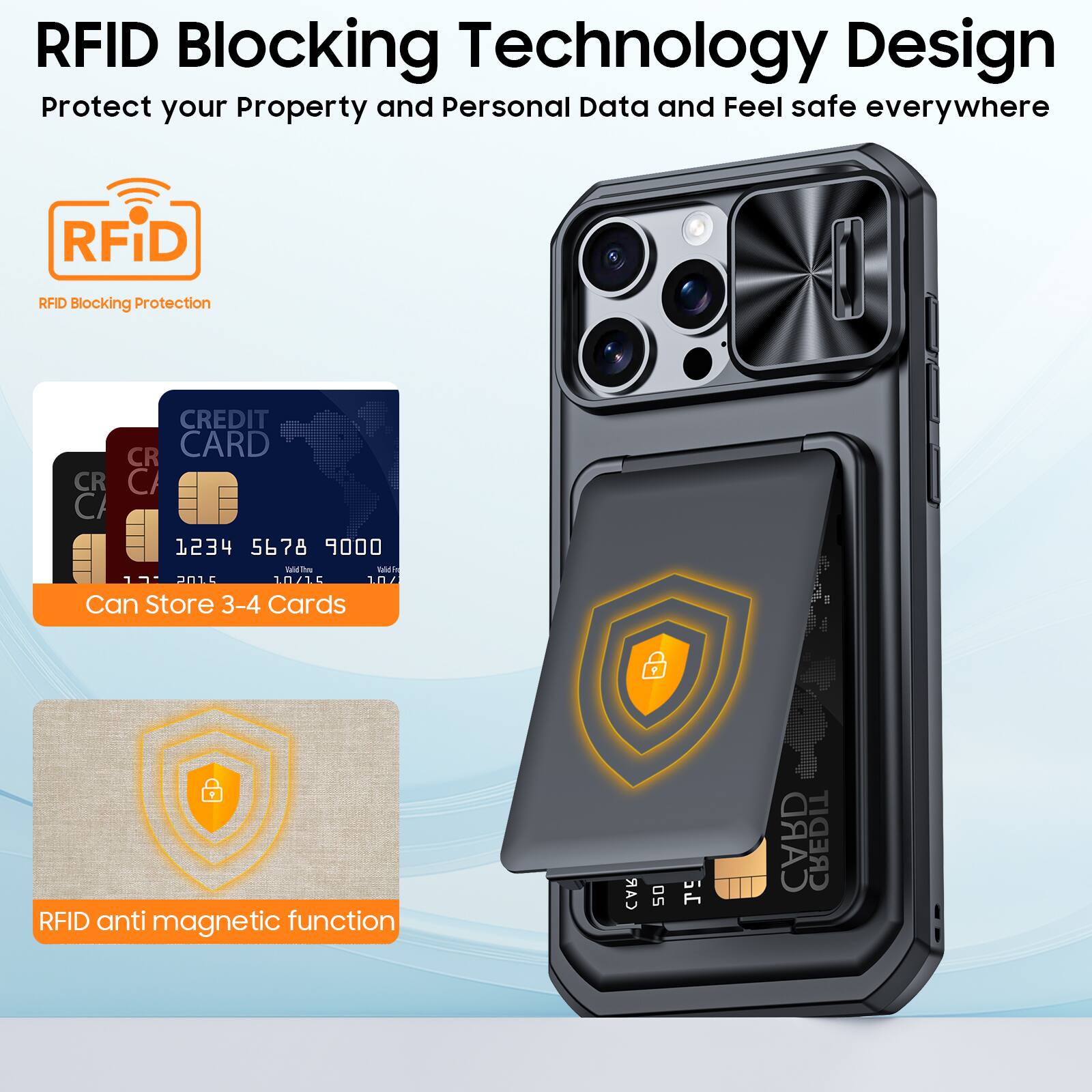 RFID Blocking Technology Design  
Protect your Property and Personal Data and Feel safe everywhere  

RFID Blocking Protection  

Can Store 3-4 Cards  

RFID anti magnetic function