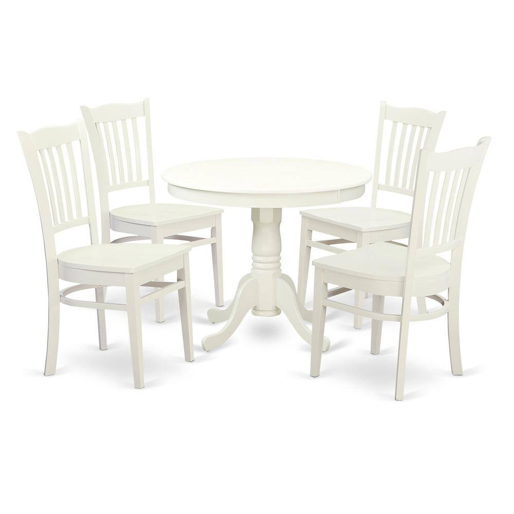 Back. East West Furniture - 5 Pc set with a Kitchen Table and 4 Wood Kitchen Chairs in Linen White. - Linen White.