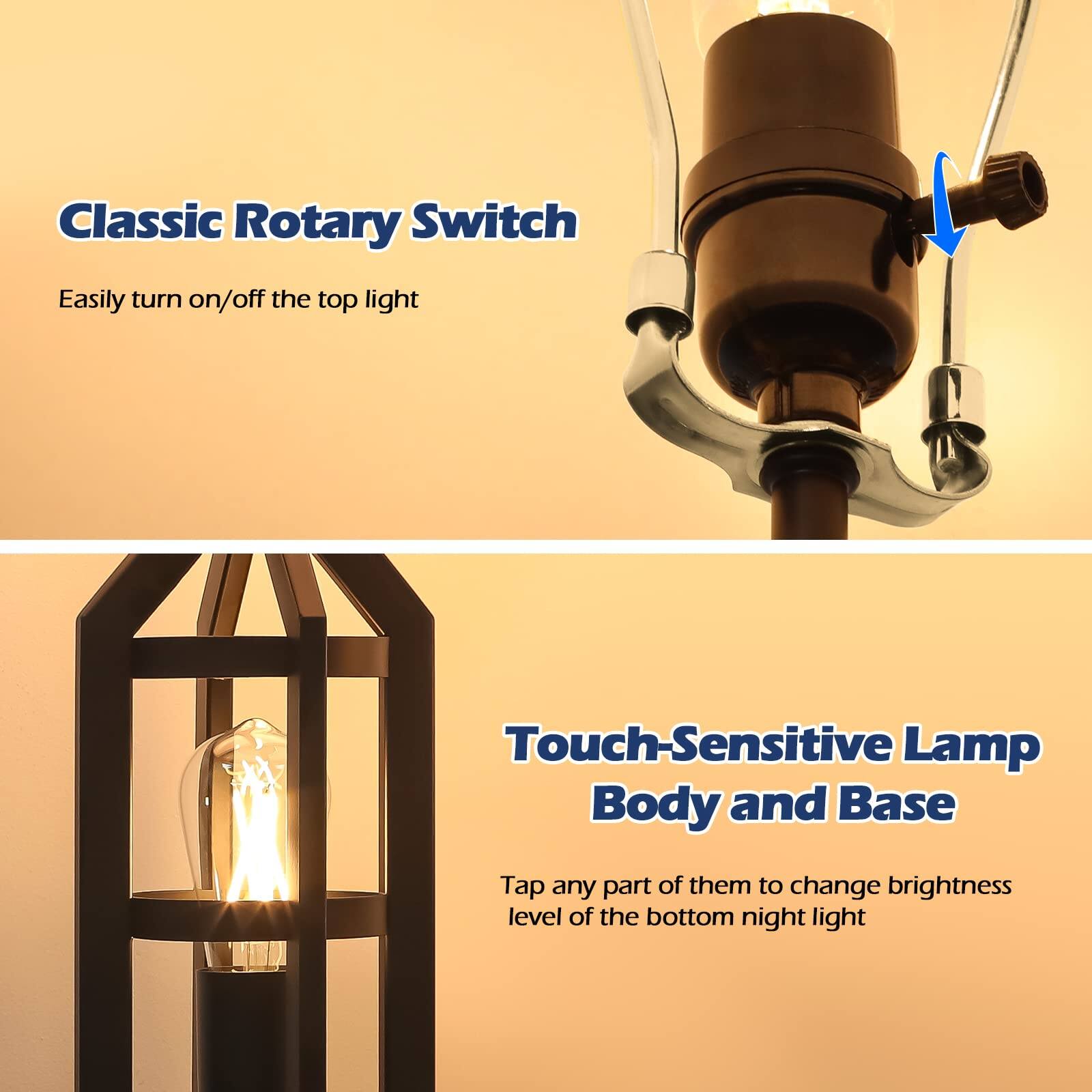 Classic Rotary Switch  
Easily turn on/off the top light  

Touch-Sensitive Lamp Body and Base  
Tap any part of them to change brightness level of the bottom night light