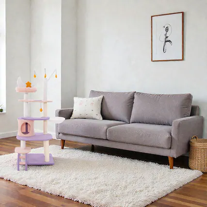 Front. BreeBe - Compact Multi-Level Feline Tower Featuring Durable Sisal Scratching Columns - Purple.