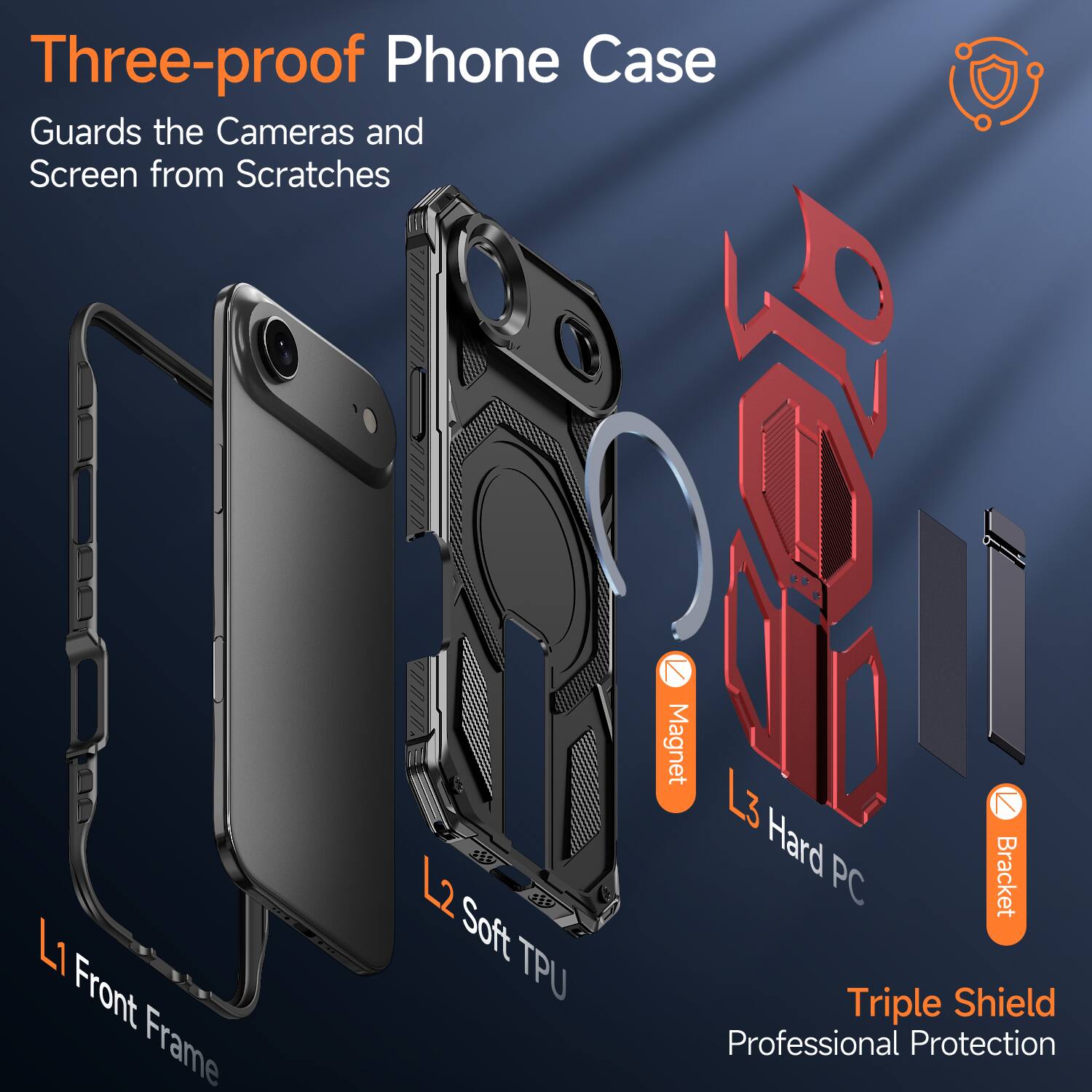 Three-proof Phone Case Guards the Cameras and Screen from Scratches

- L1 Front Frame
- L2 Soft TPU
- L3 Hard PC

Magnet
Bracket

Triple Shield
Professional Protection