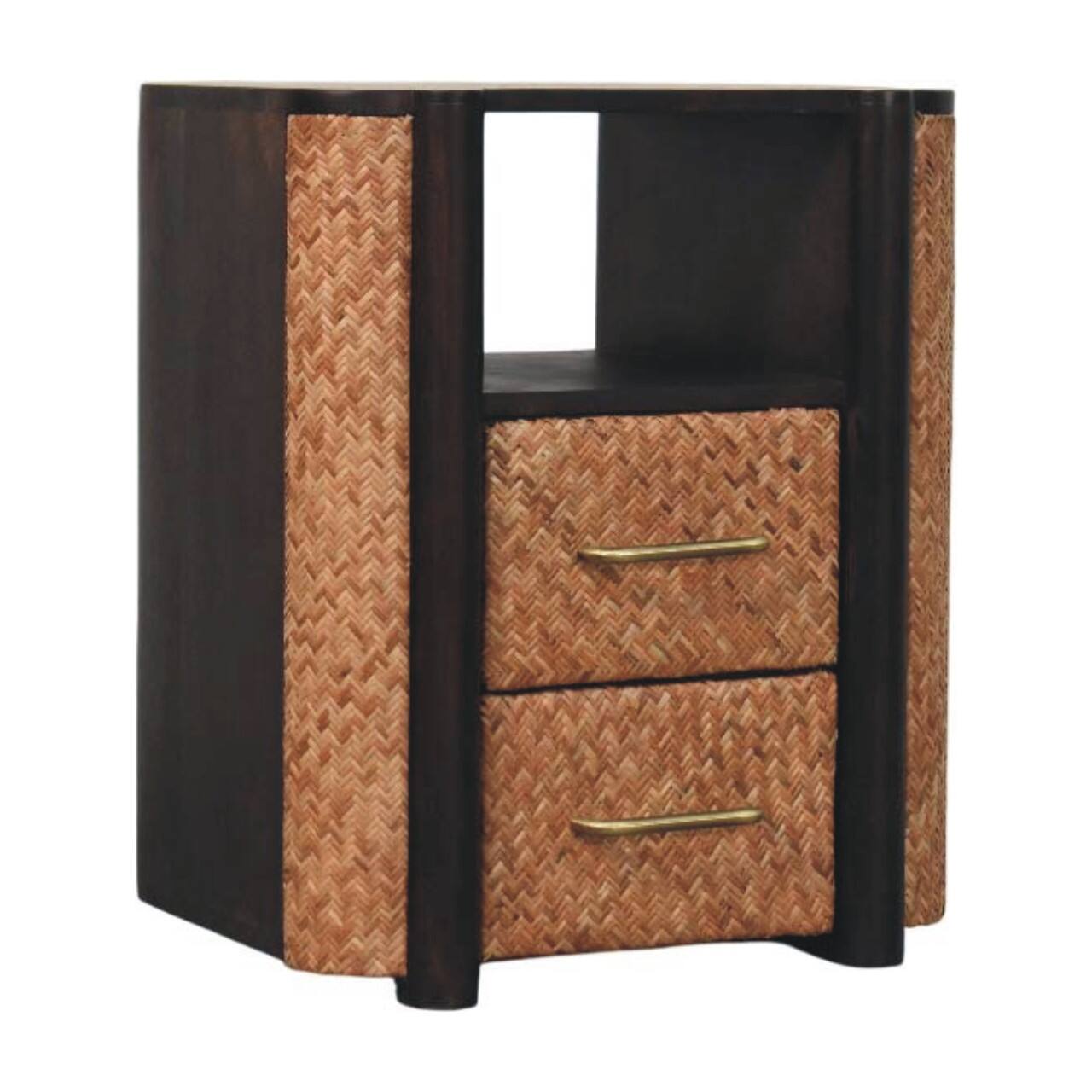 Angle. Artisan Furniture - Rattan Curve Edge Nightstand - Dark Brown.