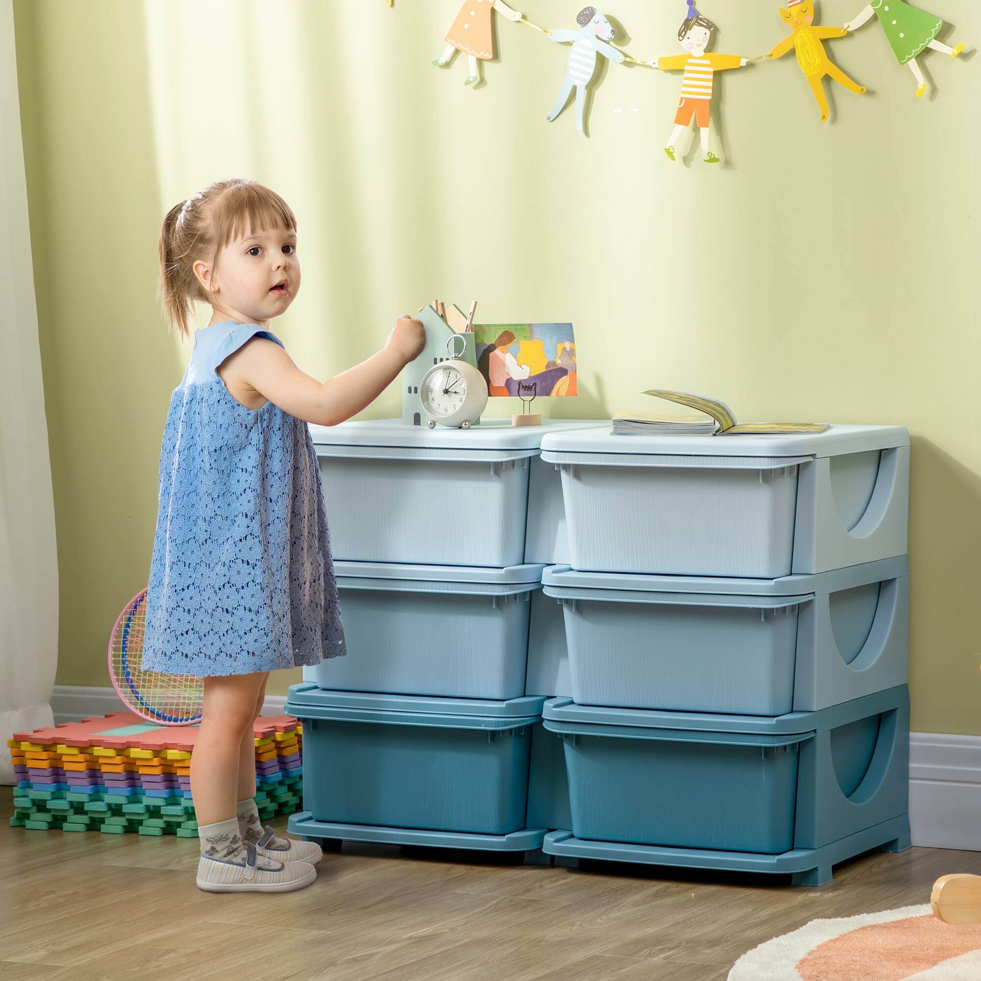 Angle. Qaba - 3 Tier Kids Storage Unit, 6 Drawer Chest Toy Organizer Plastic Bins for Kids Bedroom, Nursery, Kindergarten - Blue.