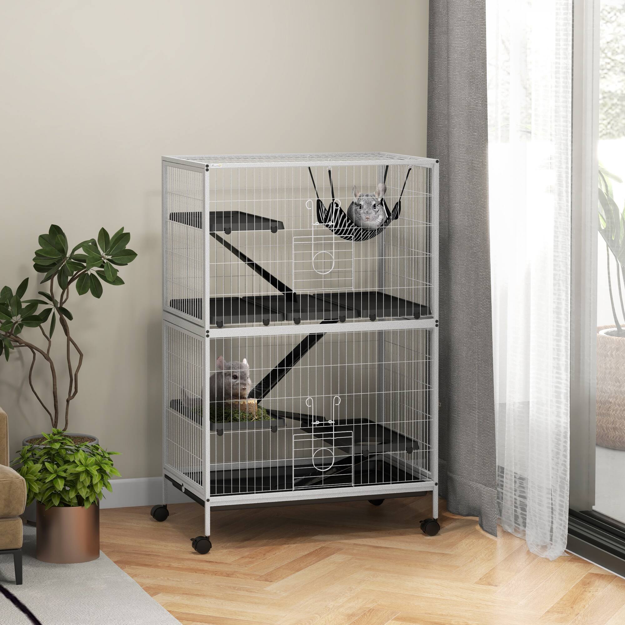 Angle. Pawhut - Metal Small Animal Cage, 5-Tiers Rolling Big Ferret Cage with Hammock, Removable Tray, Chinchilla, Sugar Glider.