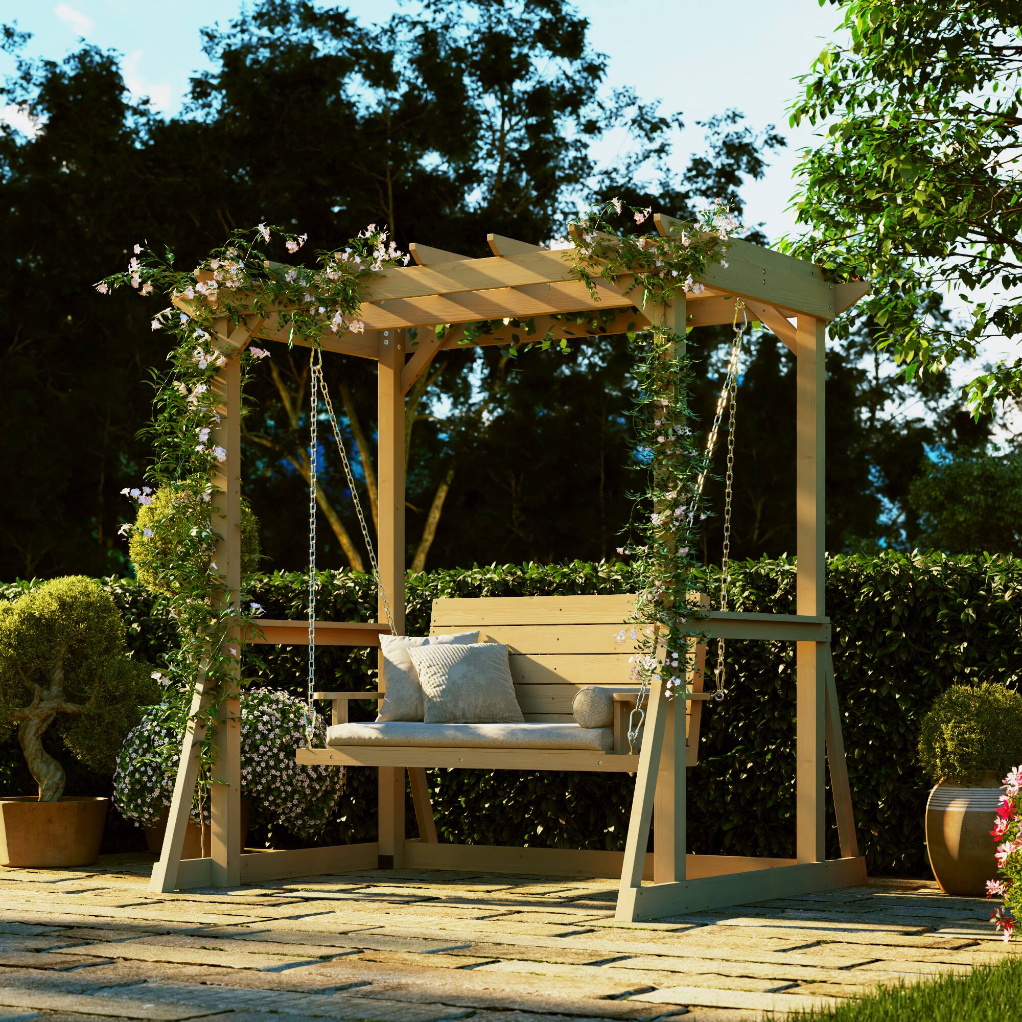 Angle. Famapy - Solid Cedar 2-Person Pergola Swing - Weather-Resistant Outdoor Patio Swing with Heavy-Duty Chain, 600LBS Capacity - Wooden.