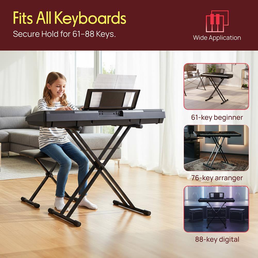 Fits All Keyboards  
Secure Hold for 61-88 Keys.

Wide Application

61-key beginner  
76-key arranger  
88-key digital
