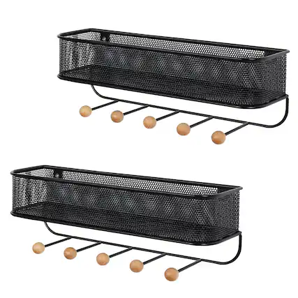 Front. Oumilen - Set of 2 Mesh Wall Storage Basket with Wooden Hooks, Black.