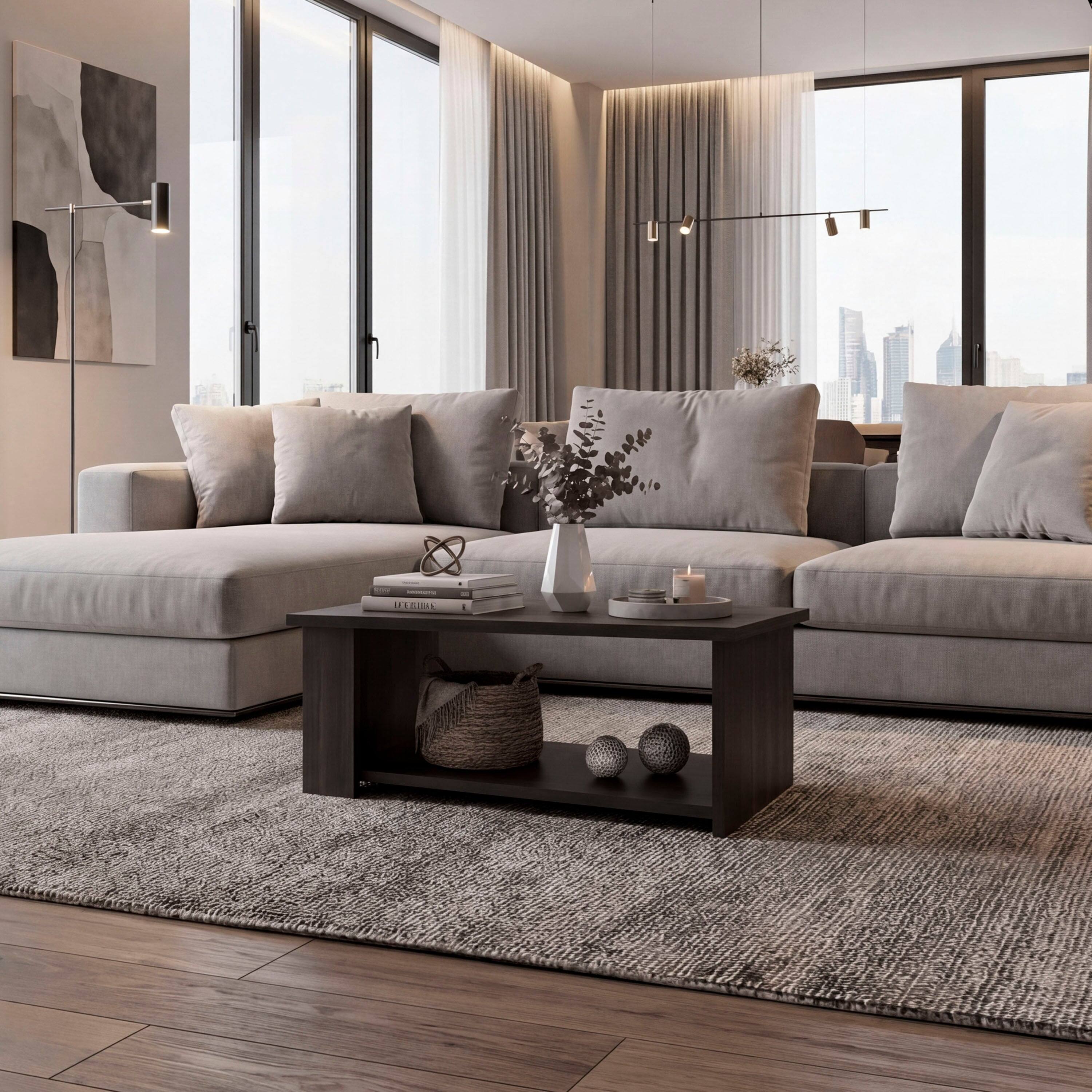 Angle. TuHome - Tuhome Dago Modern Coffee Table with Open Storage Shelf, Rectangular Center Table for Living Room - Brown.