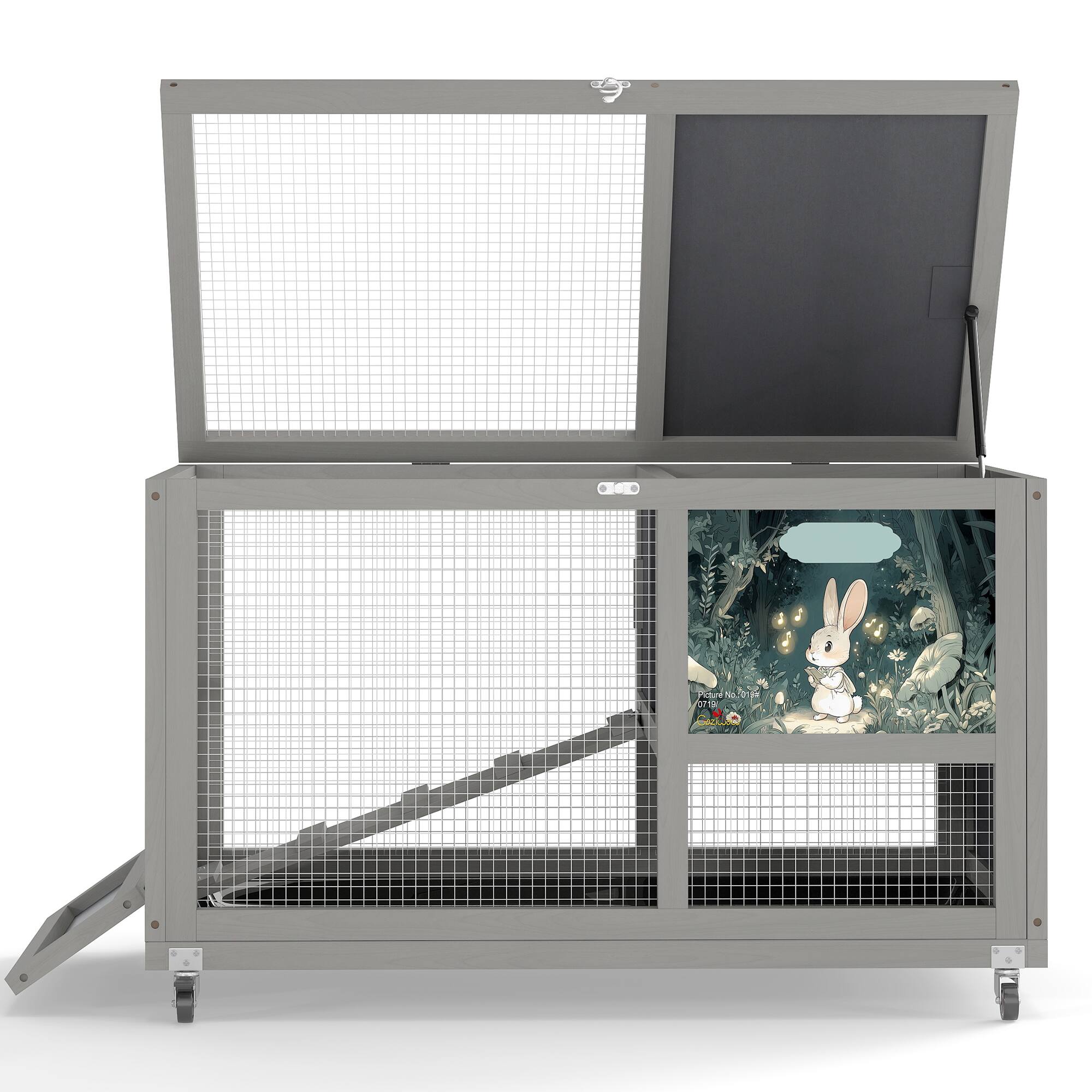 Back. Boyel Living - Gray with Colorful Prints 2Tier Bunny Hutch Wood Rabbit Cage on Wheels with Openable Roof Ramp EasytoClean Tray Guine - Gray.