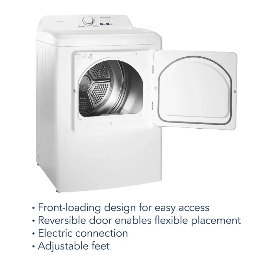 Front-loading design for easy access, reversible door enables flexible placement, electric connection, adjustable feet.