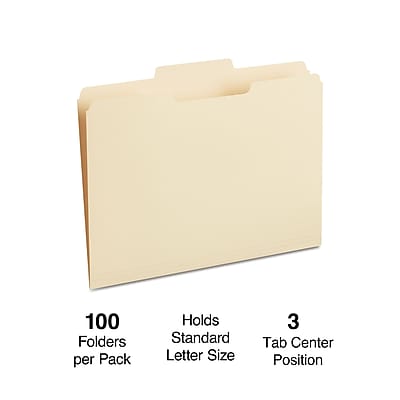 100 Folders per Pack  
Holds Standard Letter Size  
3 Tab Center Position