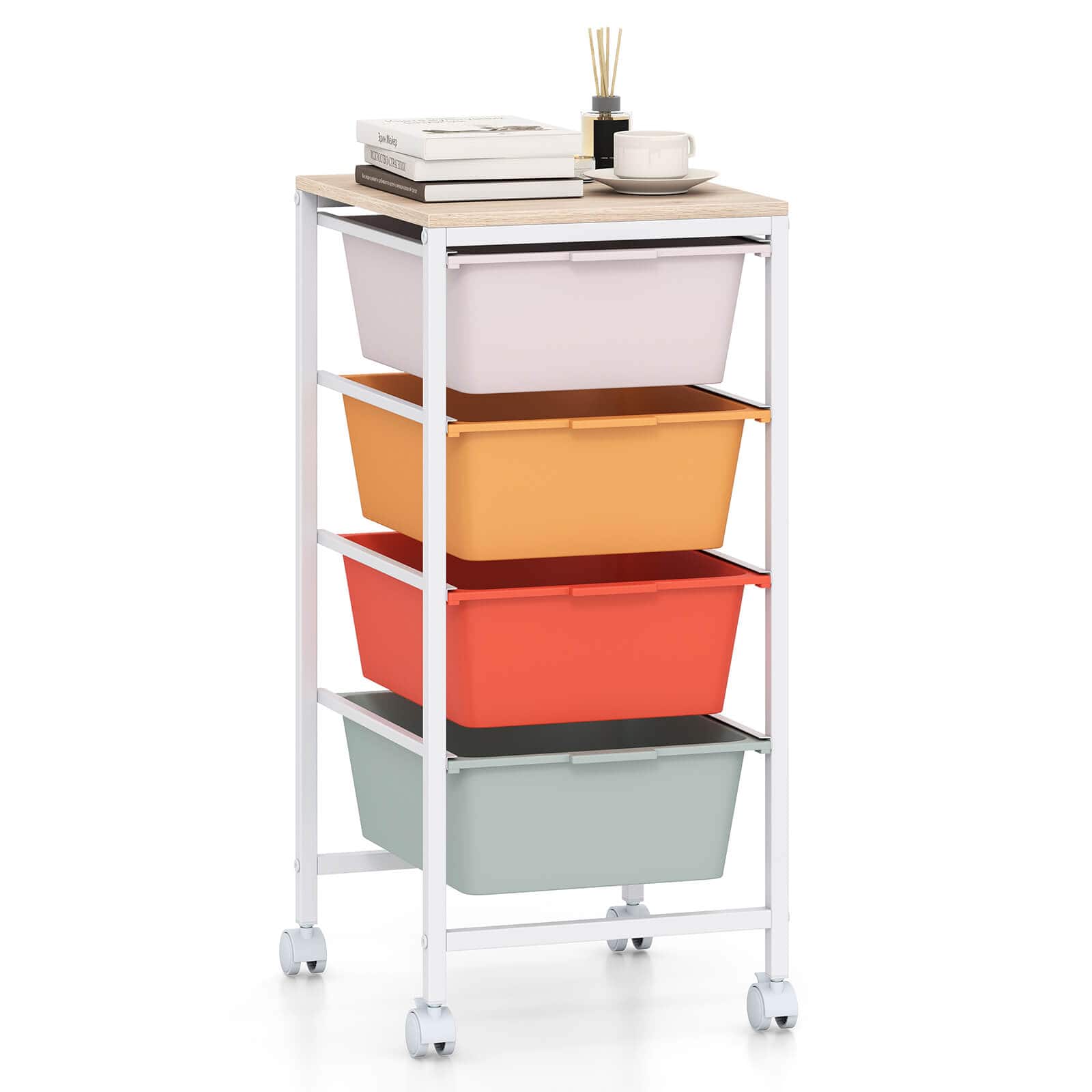 Costway - 4-Drawer Rolling Art Storage Cart with Wooden Tabletop & Lockable Wheels for Office - Natural + Macaron