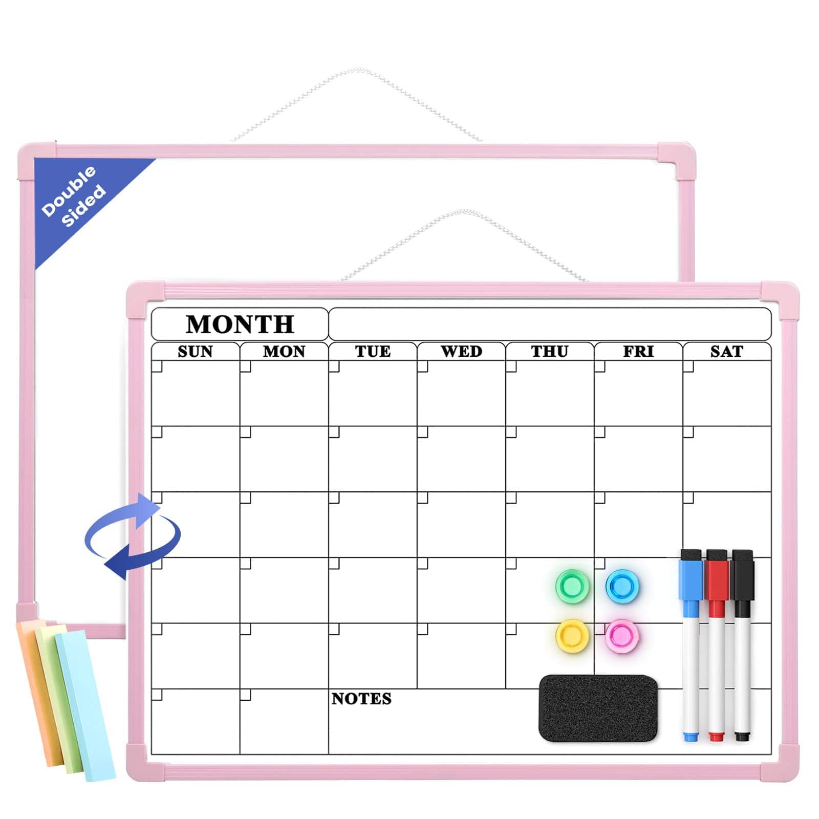 Stylel Star - Monthly Whiteboard Calendar For Wall Small 16" X 12" Dry Erase Board With Plastic Frame Hanging 3 Mini Sticky Notes