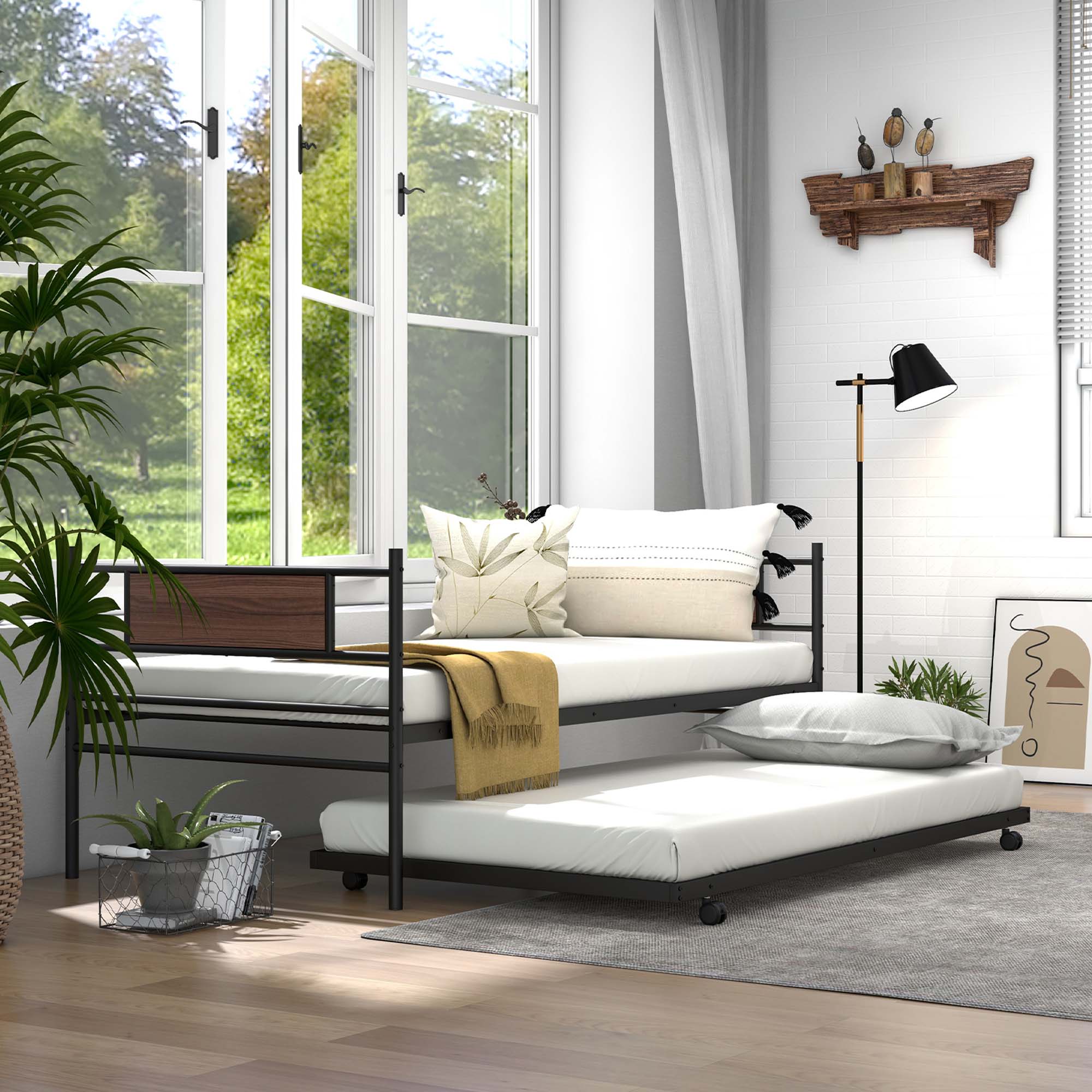 Alt View 4. Costway - Costway Twin Metal Daybed Frame with Trundle Bed Set Platform Sofa Bed Black - Black,Brown.