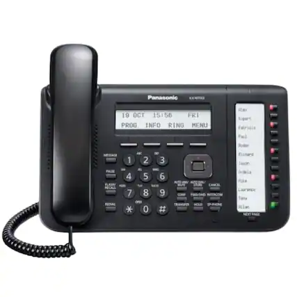 Panasonic KX-T553
19 OCT 15:56 FRI
PROG INFO RING MENU
Alex
Robert
Patricia
Paul
Roller
Richard
Jason
Rutela
Luke
Laurence
Tom
Ailan
MESSAGE 1
PAUSE 4
FLASH FORS RECALL 7
REDIAL
ABC DEY 2 3
NINO 5 6
WHYE 8 9
OPER 0 #
AUTO ANS AUTO DIAL MUTE STORI
CANCEL CONF FWD/OND INTERCOM TRANSFER HOLD SPPHONE
NEXT PAGE