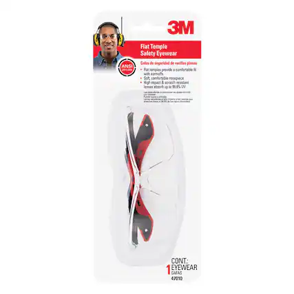ANSI 2nT5-20 3M Flat Temple Safety Eyewear
Gafas de seguridad de varillas planas
Flat temples provide a comfortable fit with earmuffs
Soft, comfortable nosepiece
High impact & scratch resistant lenses absorb up to 99.9% UV
Las varillas planas proporcionan un ajuste cómodo con auriculares
Nariz cómoda
Lentes resistentes a impactos y a rayones que absorben hasta el 99.9% de la UV
CONT.: 1 EYEWEAR GAFAS 47010