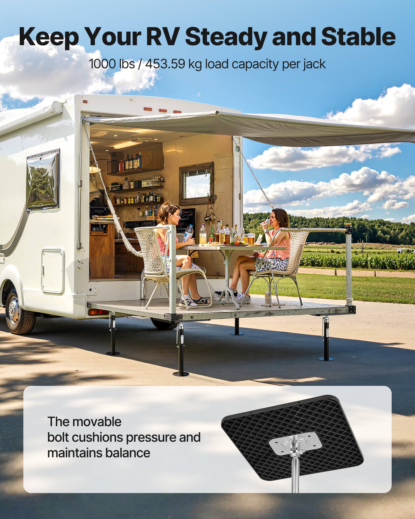 Keep Your RV Steady and Stable  
1000 lbs / 453.59 kg load capacity per jack  

The movable bolt cushions pressure and maintains balance