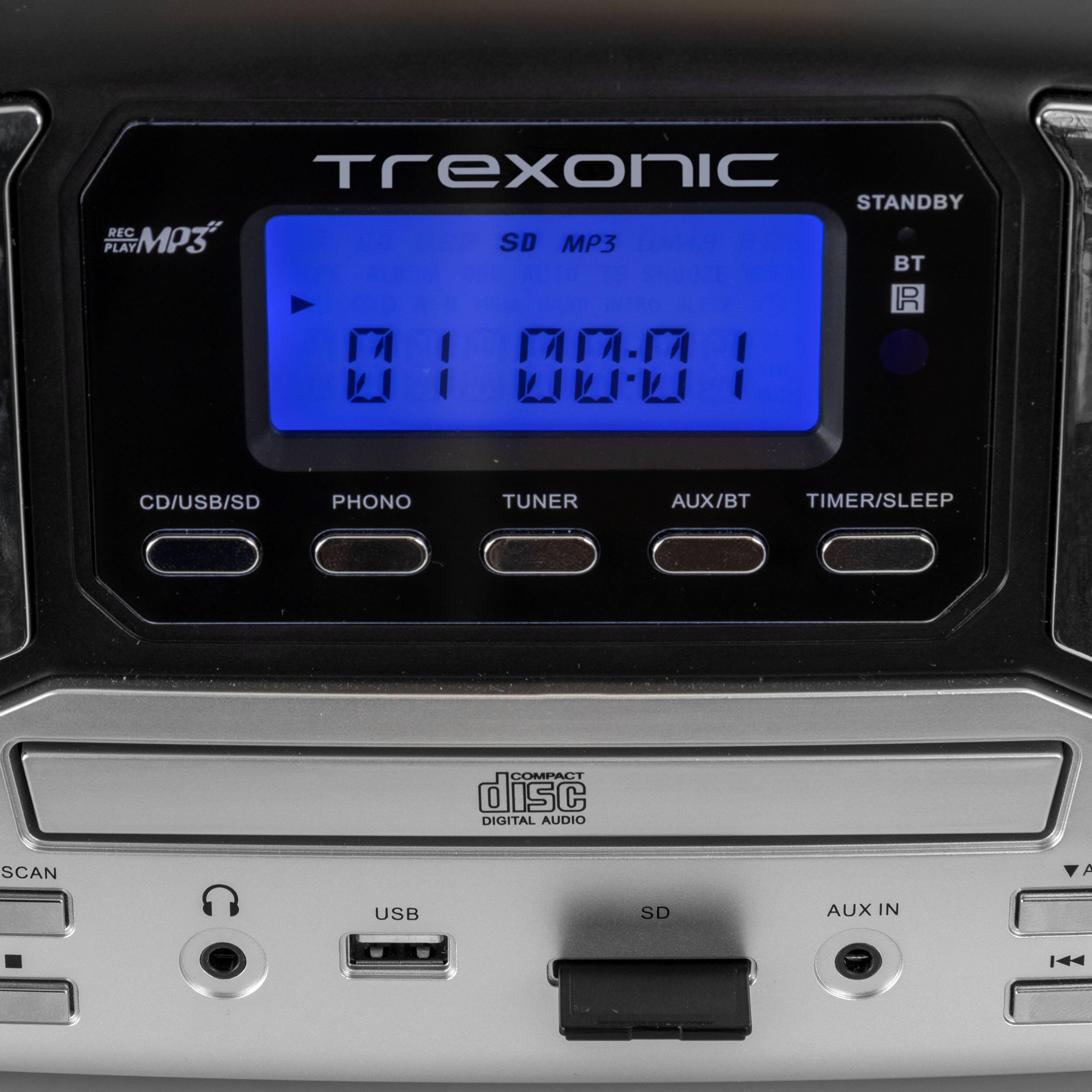 Trexonic  
STANDBY  
REC PLAY MP3 SD MP3 BT IR  
01 00:01  
CD/USB/SD PHONO TUNER AUX/BT TIMER/SLEEP  
OMPACT disc DIGITAL AUDIO SCAN  
USB SD AUX IN
