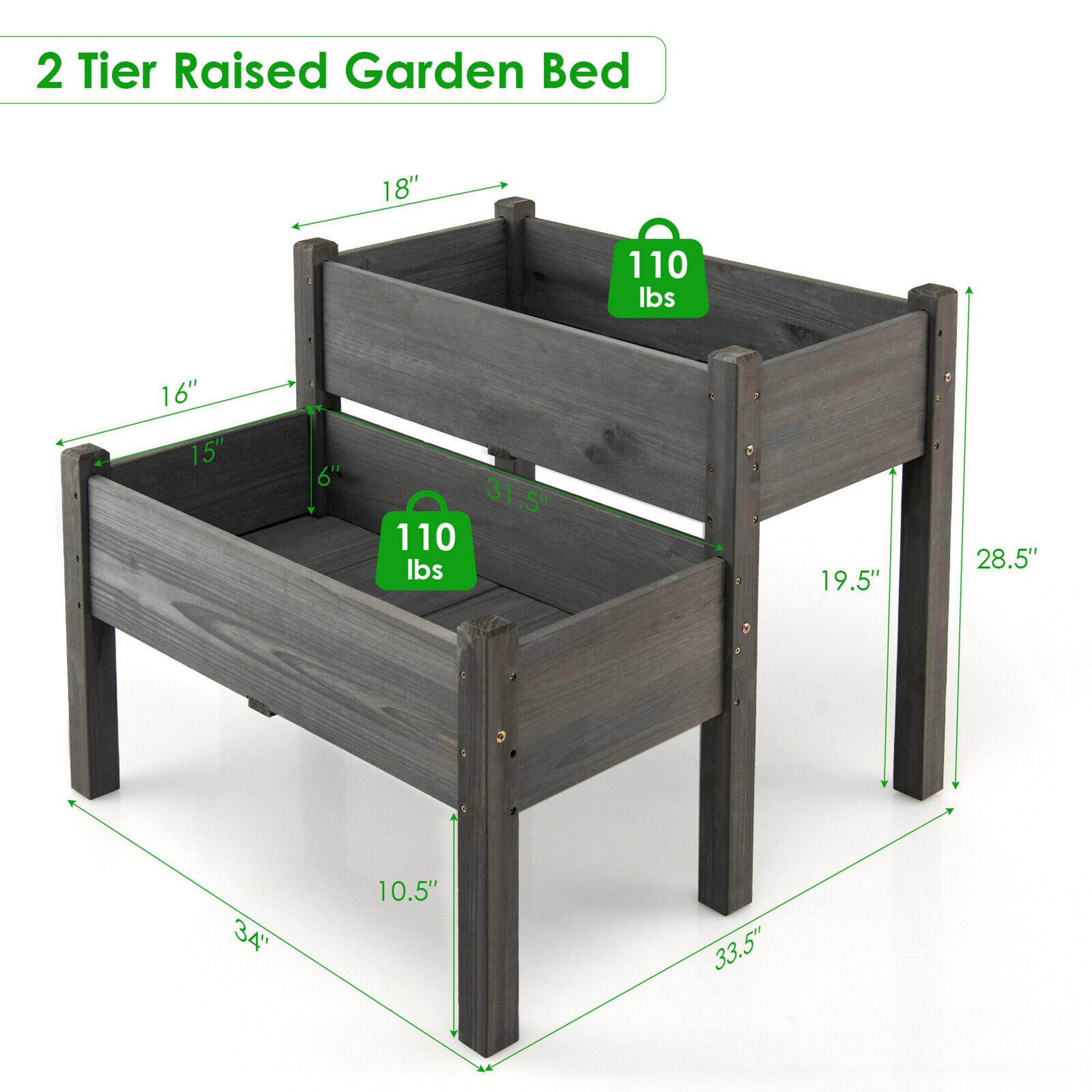 2 Tier Raised Garden Bed

- 18" (height of the top tier)
- 16" (width of the top tier)
- 15" (depth of the top tier)
- 6" (height of the bottom tier)
- 19.5" (width of the bottom tier)
- 28.5" (depth of the bottom tier)
- 34" (overall width)
- 33.5" (overall depth)
- 10.5" (height of the legs)
- 110 lbs (weight capacity of the top tier)
- 110 lbs (weight capacity of the bottom tier)