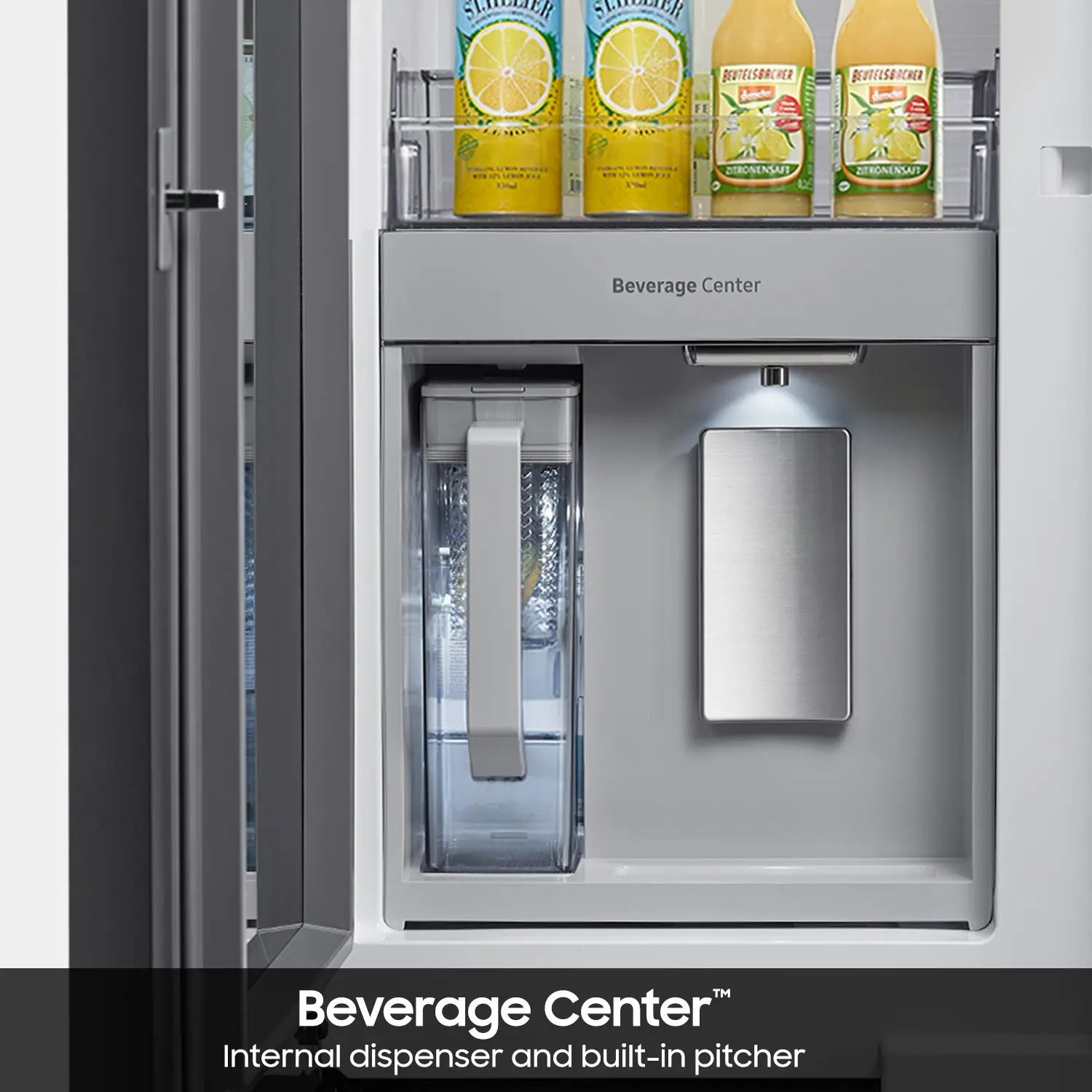 Beverage Center Internal dispenser and built-in pitcher.