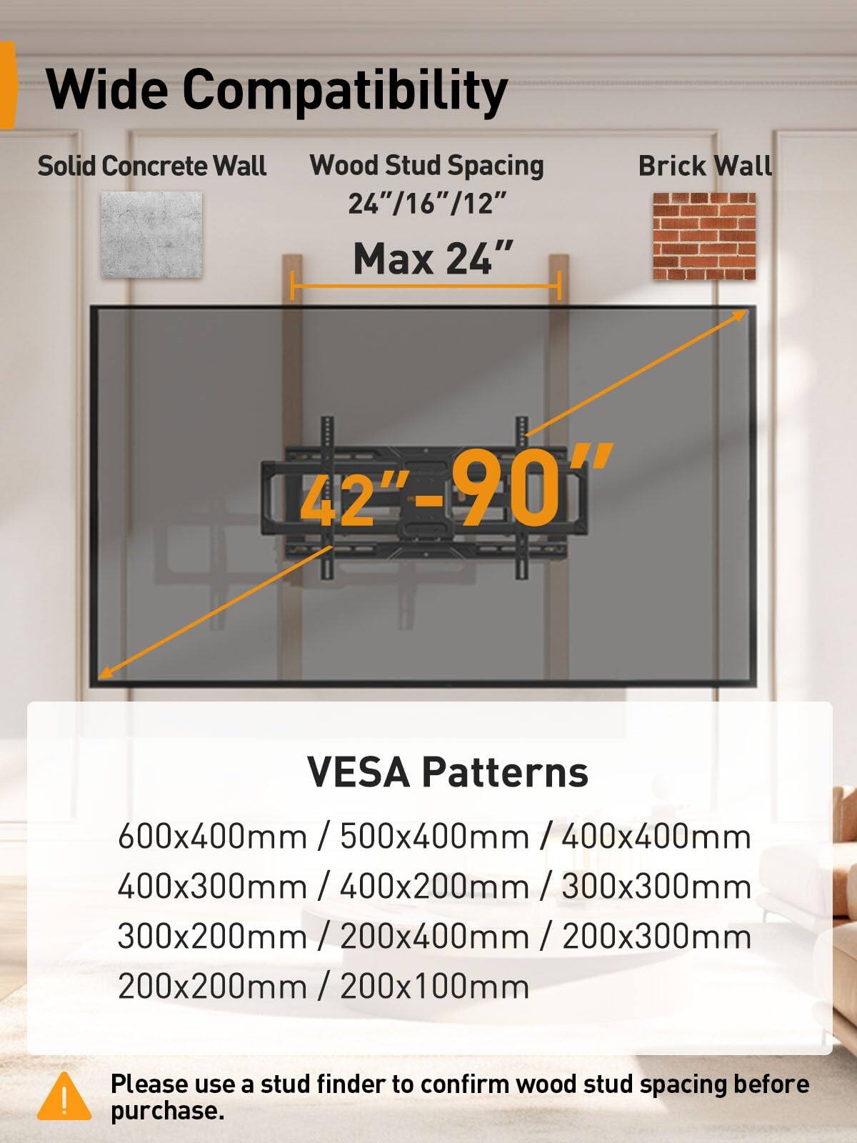 Wide Compatibility

Solid Concrete Wall  
Wood Stud Spacing 24"/16"/12"  
Max 24"  
Brick Wall  

42"-90"  

VESA Patterns  
600x400mm / 500x400mm / 400x400mm / 400x300mm / 400x200mm / 300x300mm / 300x200mm / 200x400mm / 200x300mm / 200x200mm / 200x100mm  

Please use a stud finder to confirm wood stud spacing before purchase.