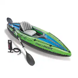 Intex - Challenger K1 Inflatable Single Person Kayak Set and Accessory Kit w/ Pump - Green