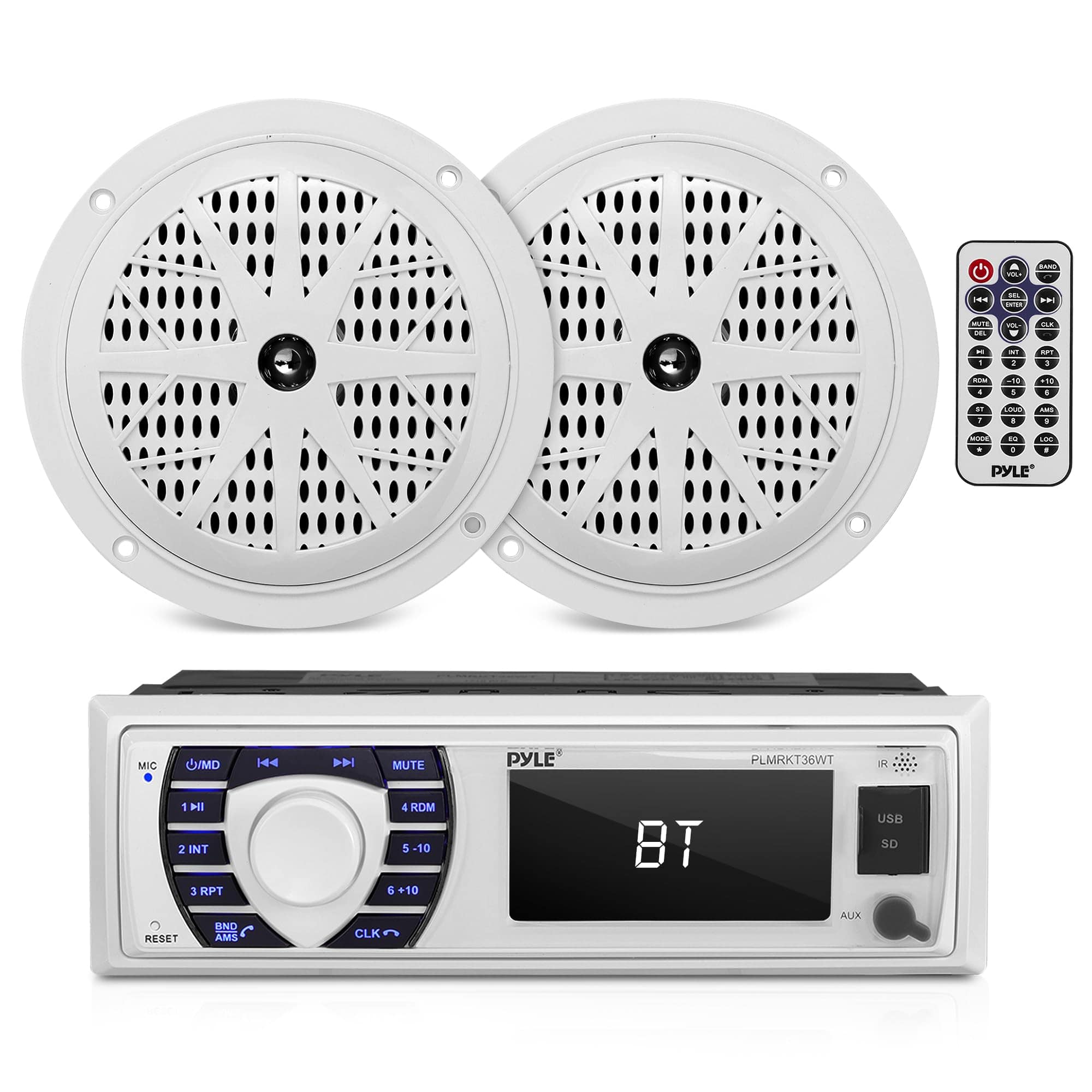 Pyle - PLMRKT36WT Marine Receiver & Speaker Kit, Bluetooth, LCD, 5.25” Waterproof Speakers (2) - White