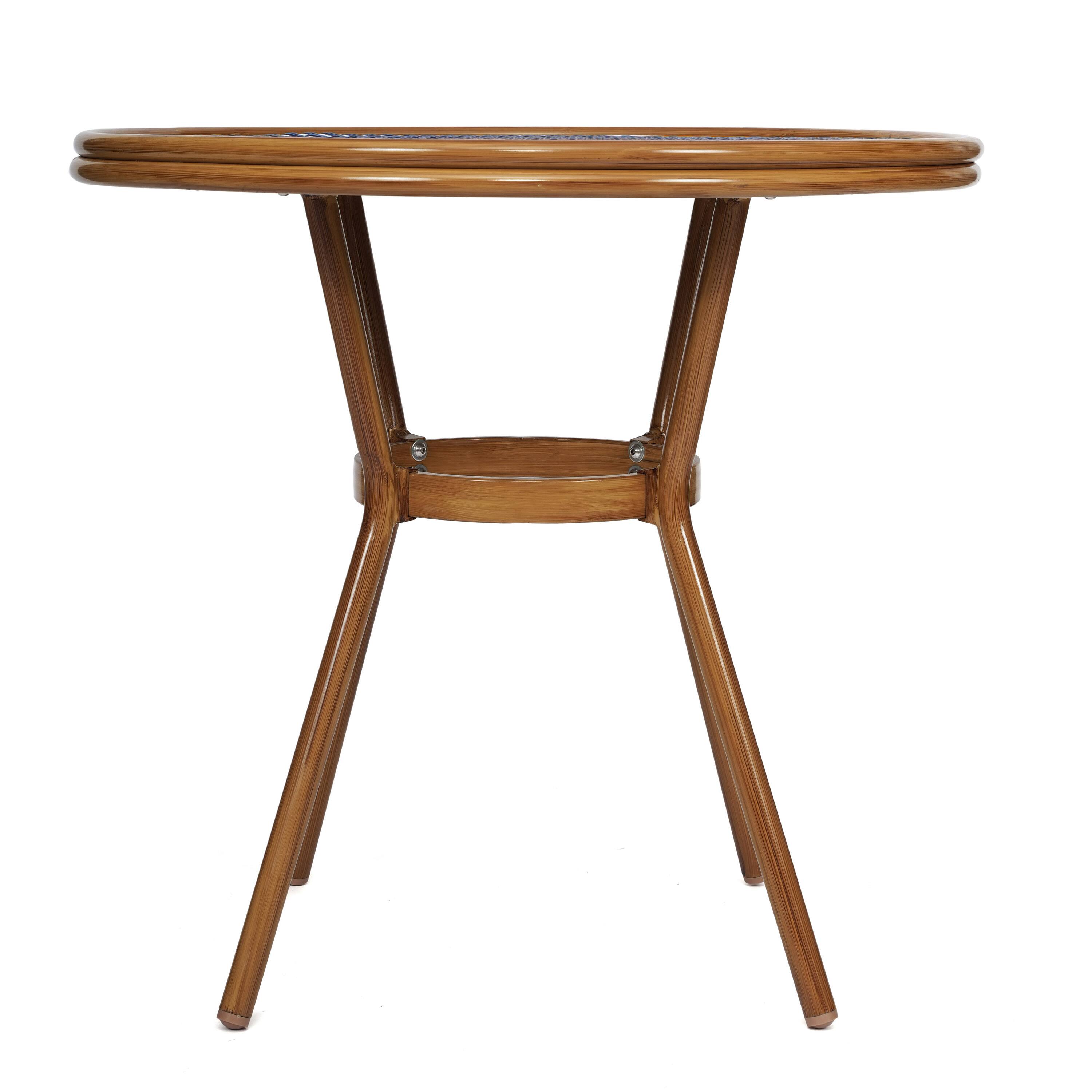 Left. Flash Furniture - Lourdes Indoor/Outdoor Commercial Bistro 31.5" Table, Navy and White PE Rattan, Glass Top, Bamboo Print Aluminum Frame i - Blue.