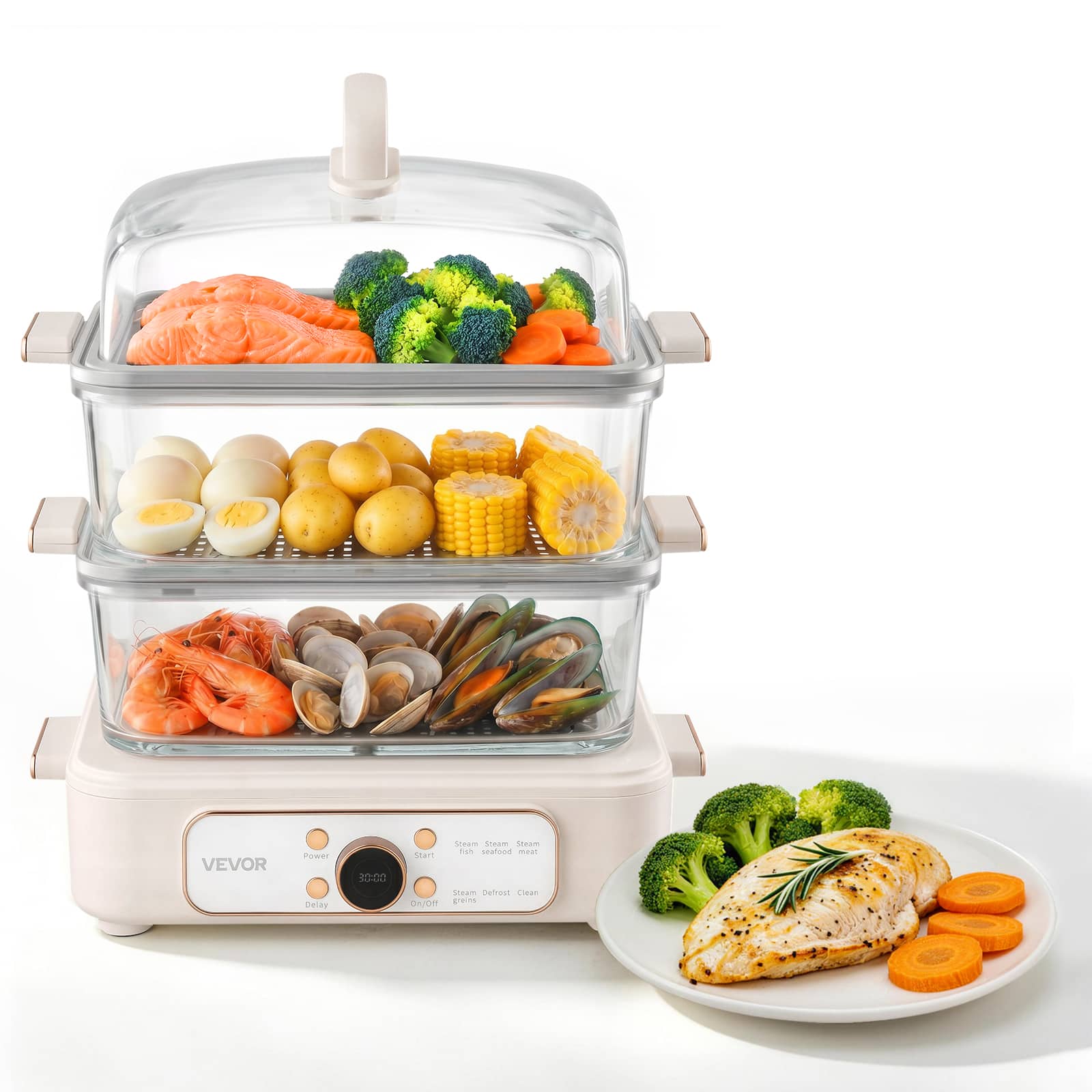 VEVOR - Electric Food Steamer 10.6 QT Glass with 3-Tier Stainless Steel Trays, 1200W Vegetable Steamer for Cooking, 2-4 Servings - Beige