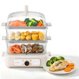 VEVOR - Electric Food Steamer 10.6 QT Glass with 3-Tier Stainless Steel Trays, 1200W Vegetable Steamer for Cooking, 2-4 Servings - Beige