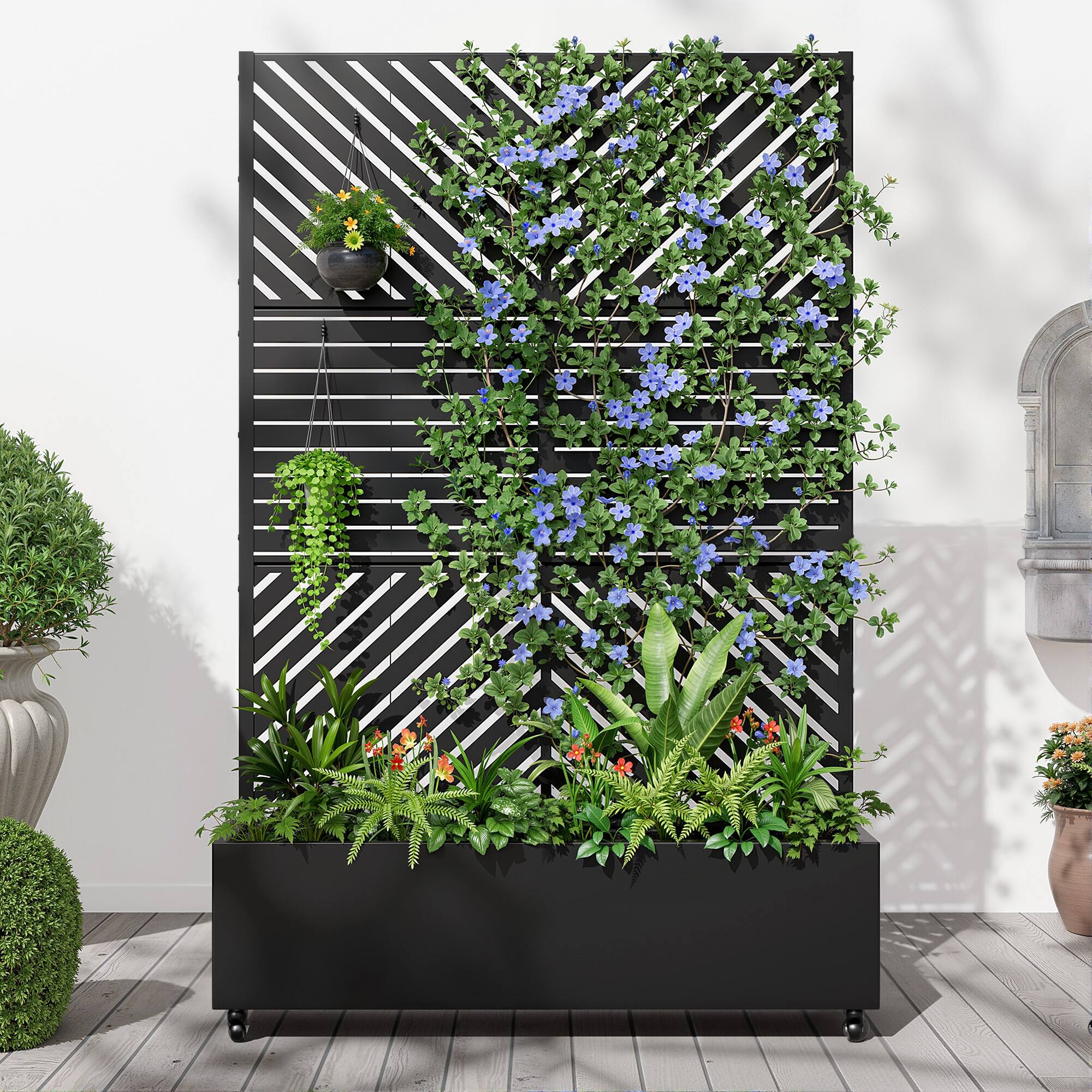 Front. PexFix - 72 in. H x 47 in. W Parared Pattern Rectangle Metal Planter Box Raised Garden Beds with Trellis-Ideal for Balcony - Black.