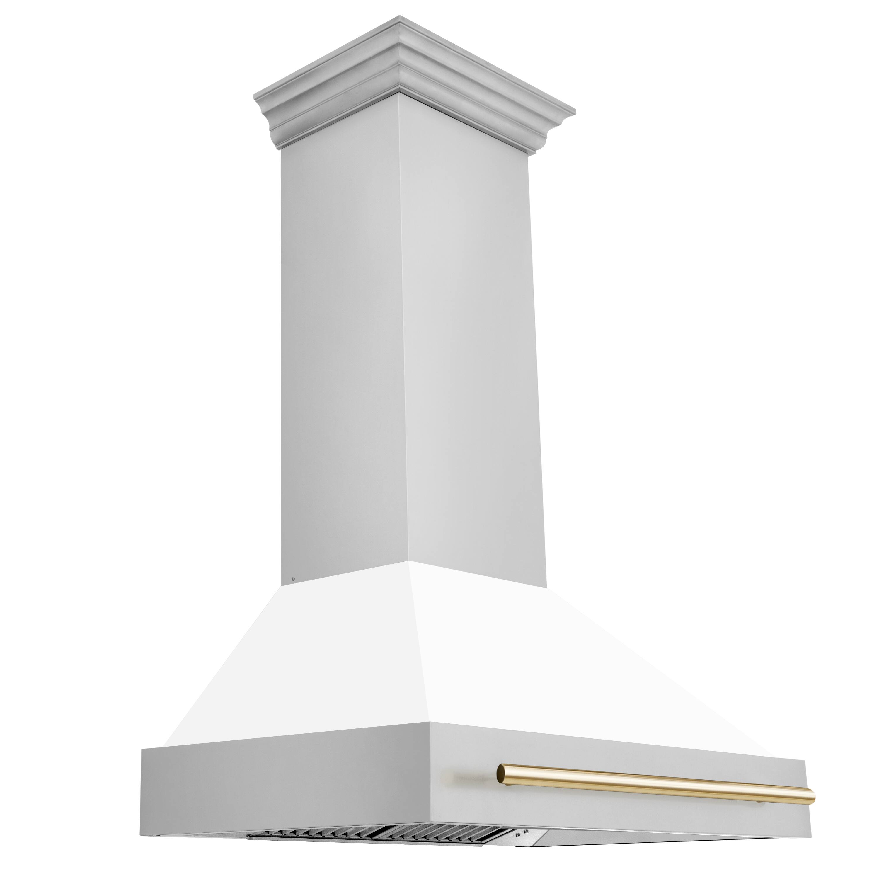 Left. ZLINE - ZLINE Autograph Edition 36 in. Stainless Steel Range Hood with White Matte Shell and Polished Gold Handle - Stainless Steel.