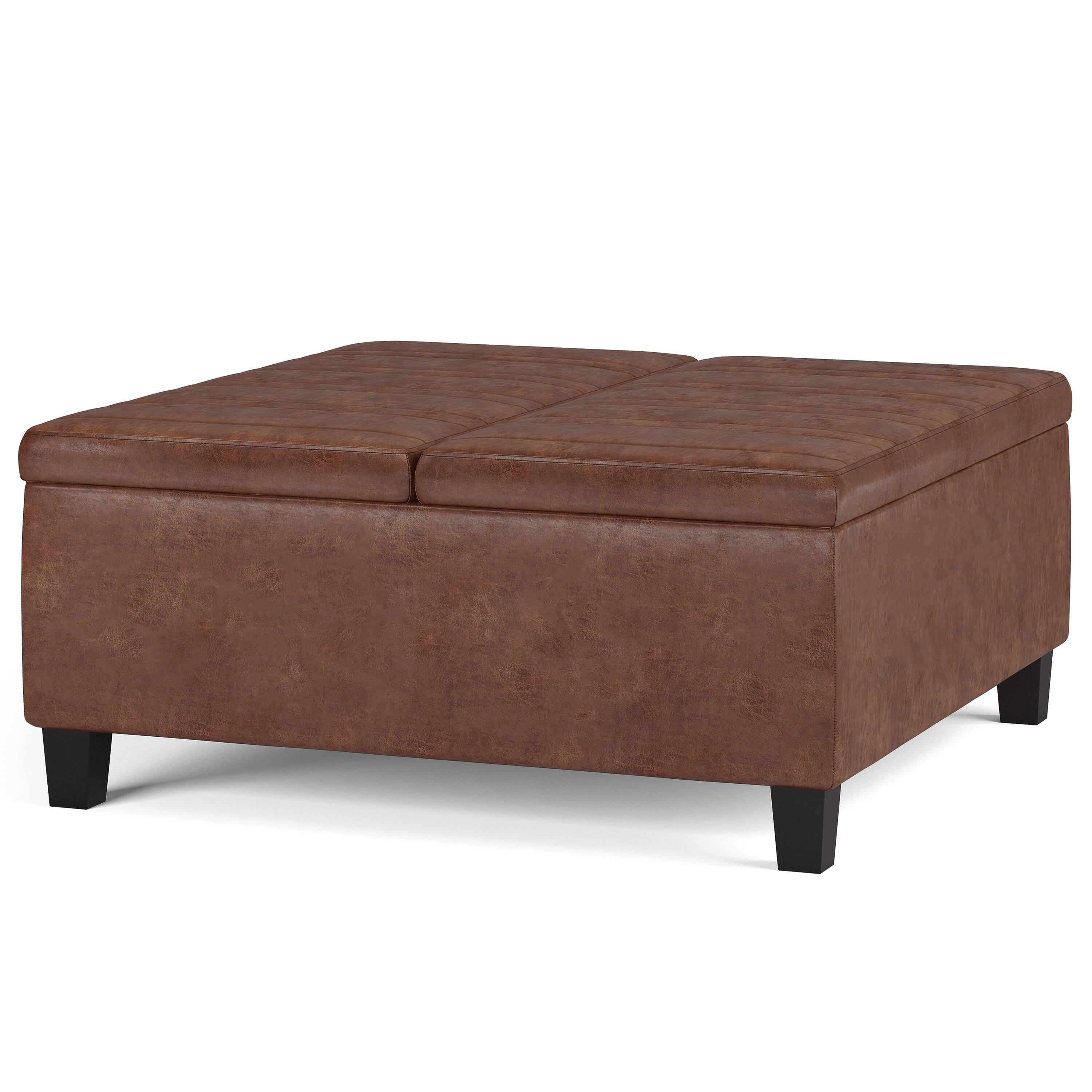 Angle. Simpli Home - Ellis Coffee Table Storage Ottoman - Distressed Saddle Brown.