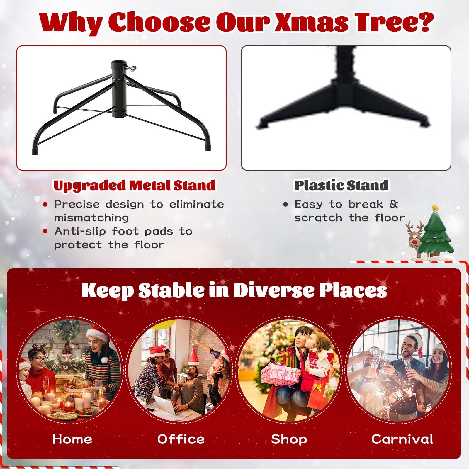 Why Choose Our Xmas Tree?

**Upgraded Metal Stand**
- Precise design to eliminate mismatching
- Anti-slip foot pads to protect the floor

**Plastic Stand**
- Easy to break & scratch the floor

**Keep Stable in Diverse Places**
- Home
- Office
- Shop
- Carnival