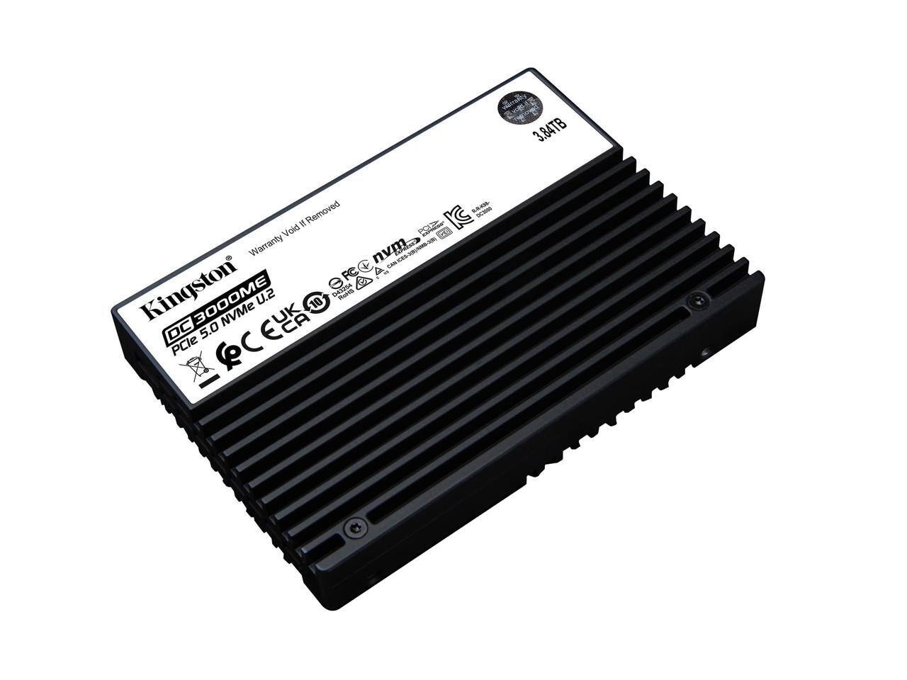 Sure, here is the corrected and grouped text from the image:

---

**Kingston**  
**DC3000MME U.2**  
**3.84TB**  
**5.0 NVMe**  
**Warranty Void if Removed**  
**nvm**  
**CE**  
**FCC**  
**UK**  
**DC3000MME**  
**3.84TB**  
**PCle**  
**EUK**  
**CA**  
**10**  
**DC**  
**5.0**  
**PCle**  

---