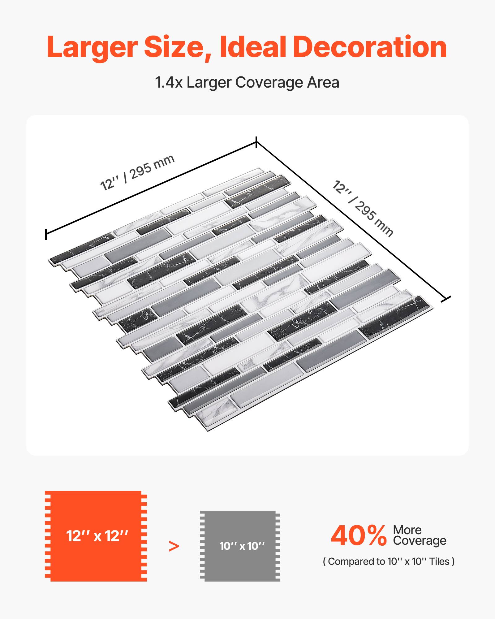 Larger Size, Ideal Decoration. 1.4x Larger Coverage Area. 12" x 12" (295 mm x 295 mm). More 40% Coverage (Compared to 10" x 10" Tiles).