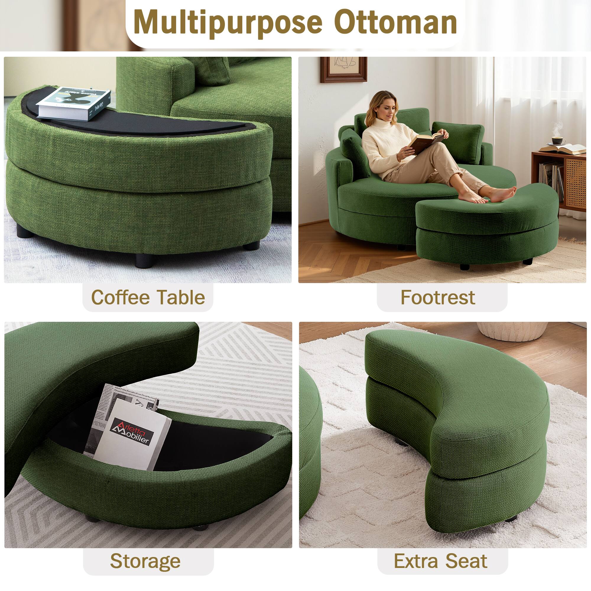 Multipurpose Ottoman

- Coffee Table
- Footrest
- Storage
- Extra Seat