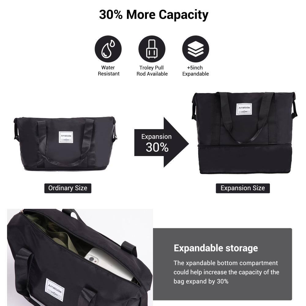 30% More Capacity

- Water Resistant
- Trolley Pull Rod Available
- +5inch Expandable

Ordinary Size → Expansion Size (30% Expansion)

Expandable storage
The expandable bottom compartment could help increase the capacity of the bag by 30%