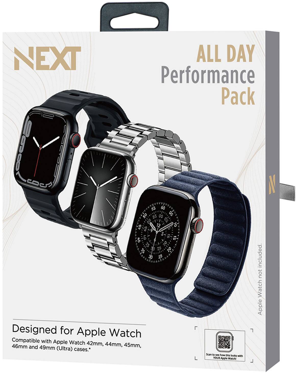 NEXT  
ALL DAY Performance Pack  
Designed for Apple Watch  
Compatible with Apple Watch 42mm, 44mm, 45mm, 46mm and 49mm (Ultra) cases.  
Apple Watch not included.  
Scan to see how this looks with YOUR Apple Watch!