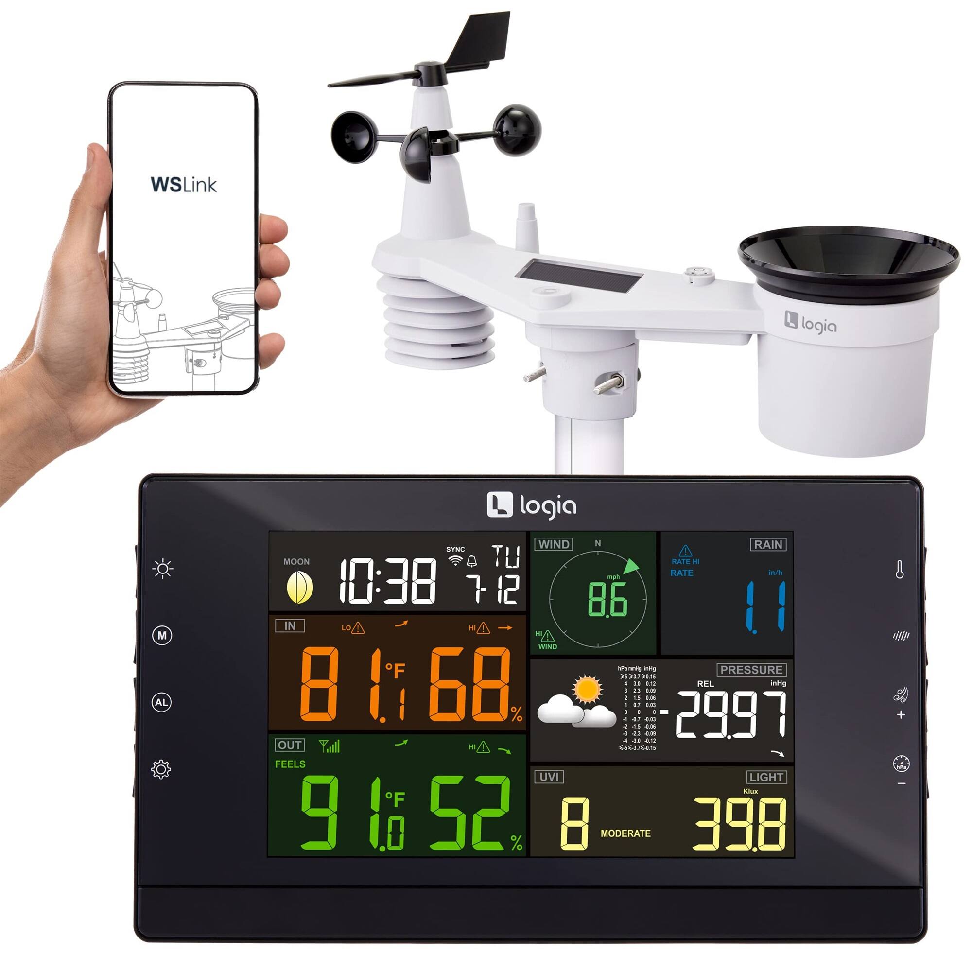Logia - 7-in-1 Wi-Fi Wireless Weather Station w/Solar, Indoor/Outdoor weather station w/Alarms & More - White and Black