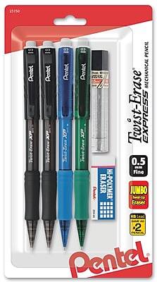 23150 Pentel XP Twist-Erase Express Mechanical Pencils  
0.5 mm Fine  
Includes:  
- 2 Pentel XP Twist-Erase Mechanical Pencils  
- 1 Pentel Hi-Polymer Eraser  
- 1 Pentel Jumbo Eraser  
- 2 Pentel Leads
