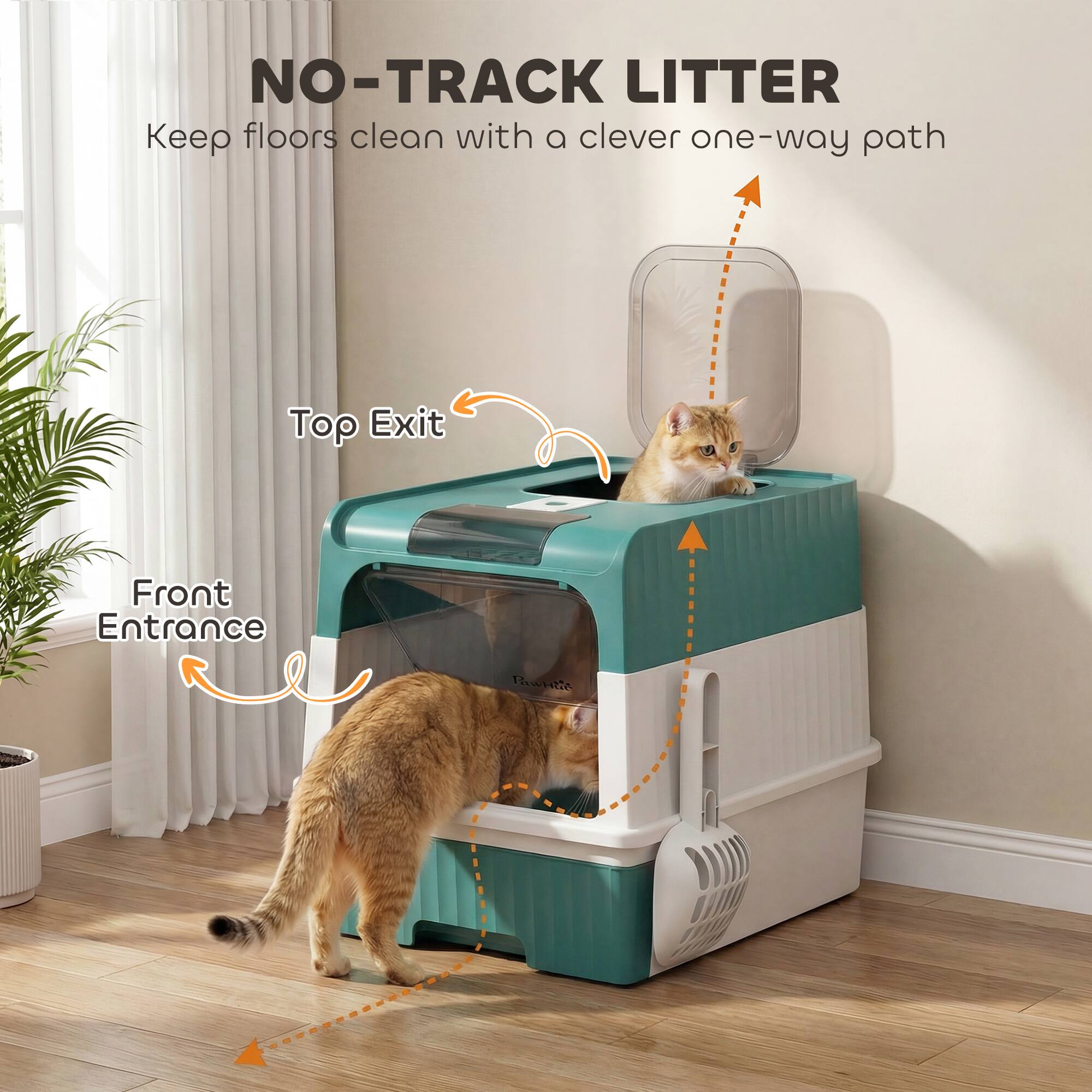 NO-TRACK LITTER  
Keep floors clean with a clever one-way path  
Top Exit  
Front Entrance