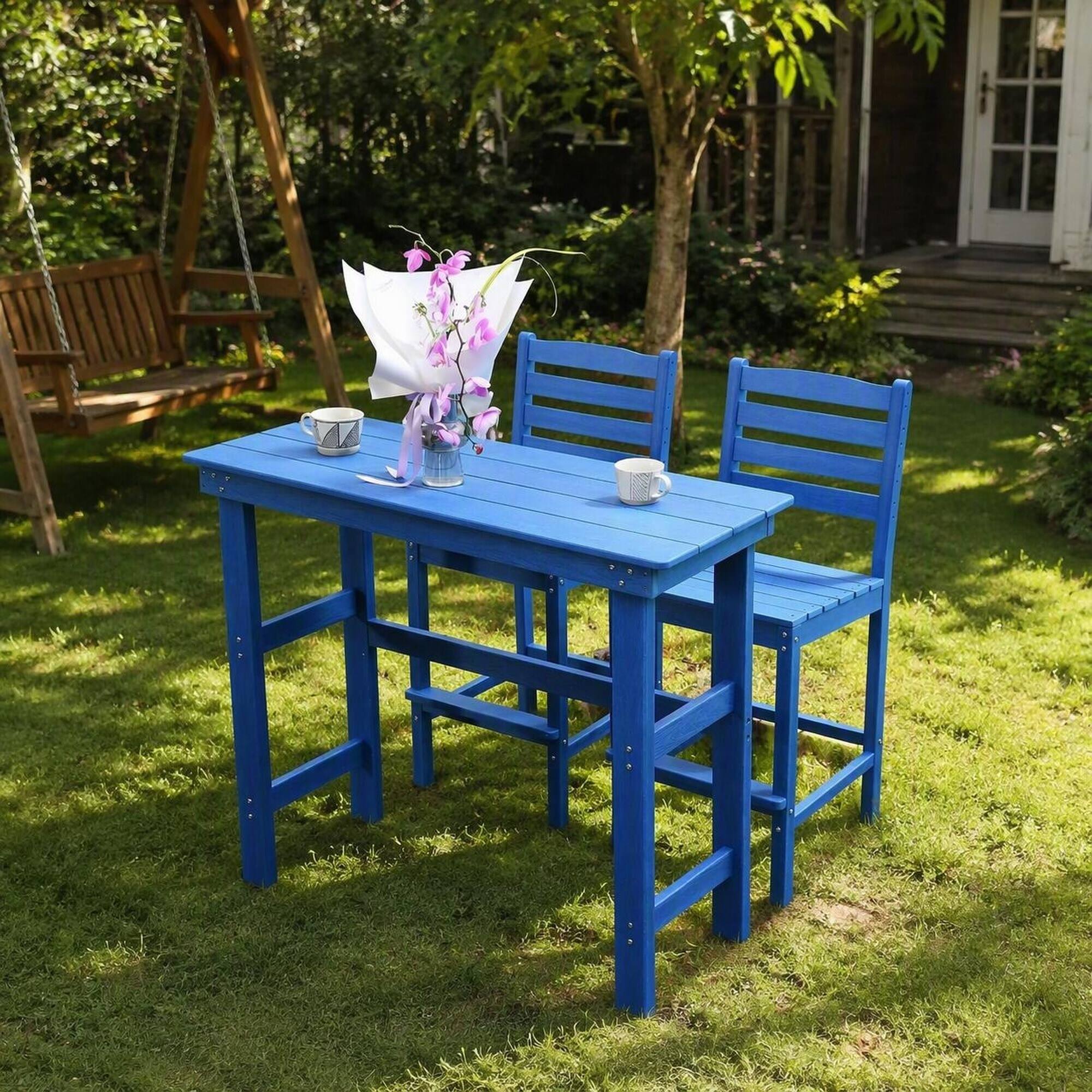 Alt View 1. RYHNUYNE - Navy Blue Outdoor Bar Table for Patio Lawn and Poolside,Weatherproof HDPE Dining Height Table with Slatted Top - Lake Blue.