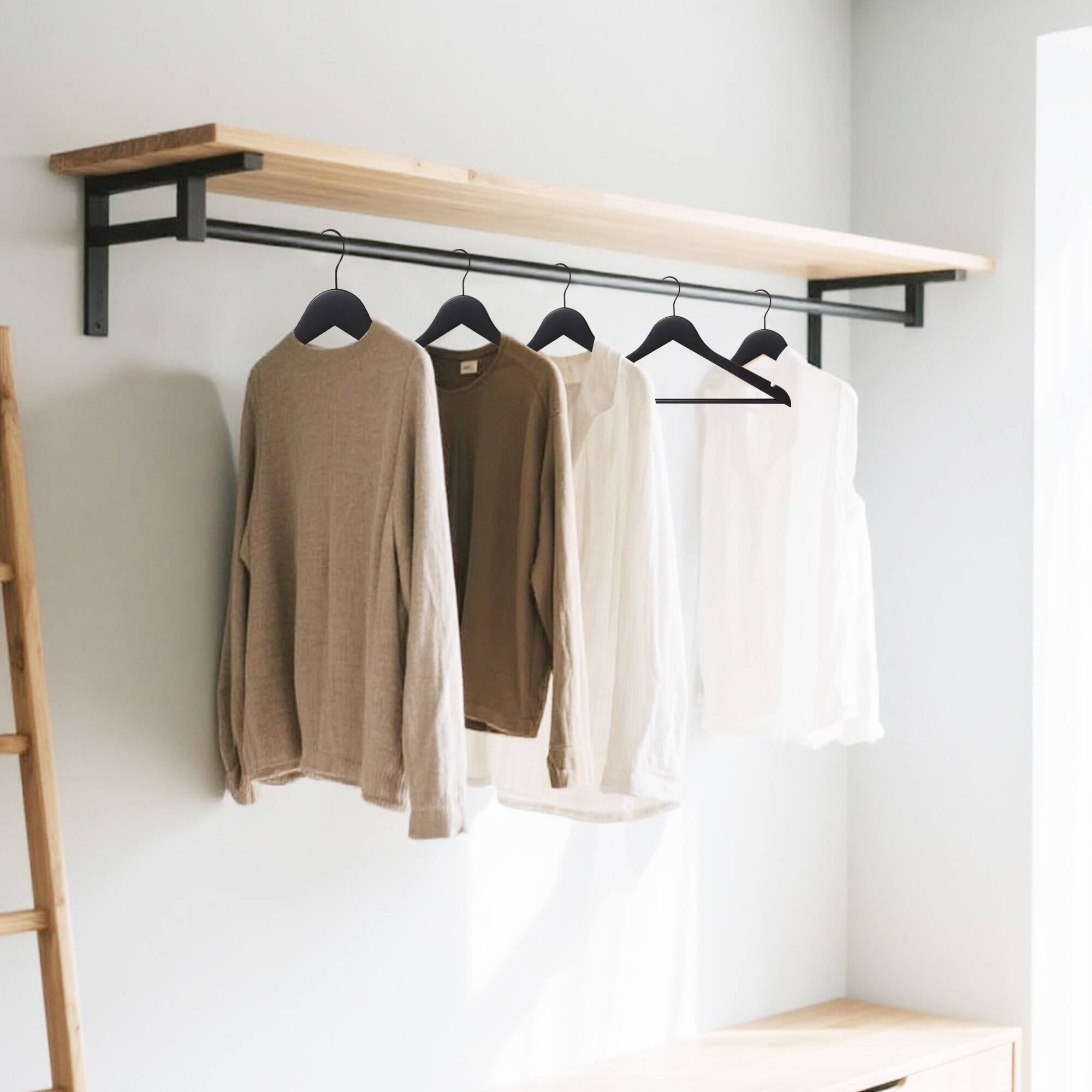 Alt View 2. BP4U - 24-Pack Wooden Suit Coat Hangers with Pant Bar, Wood Clothes Hangers for Jackets, Shirts, Dresses, Trousers(Black) - Black.