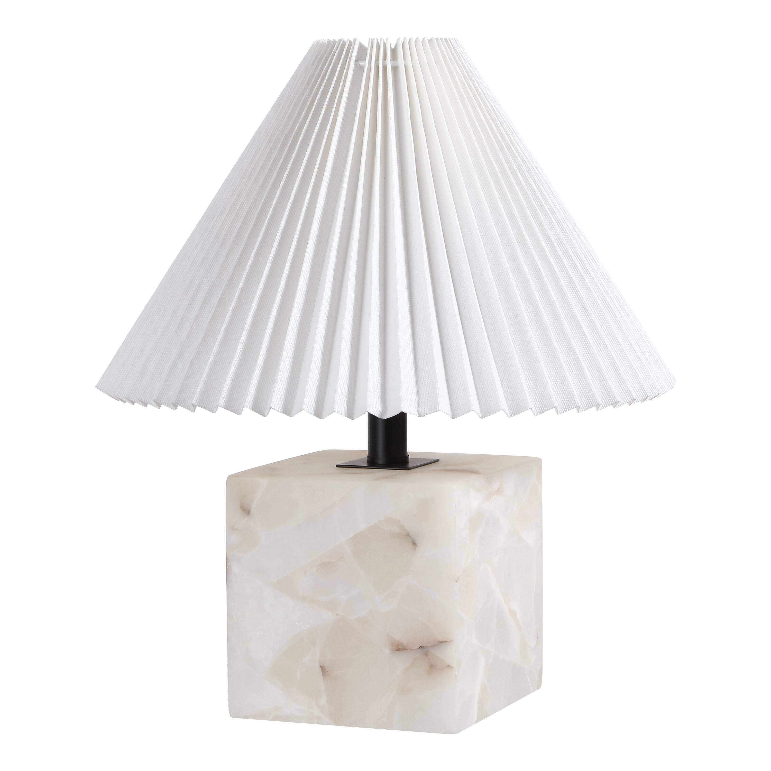 Alt View 7. Jonathan Y - Hermin 16.5 in. Geometric Sculptural Alabaster Cube Metal LED Table Lamp with Nightlight Base and Pleated Shade, White - White.