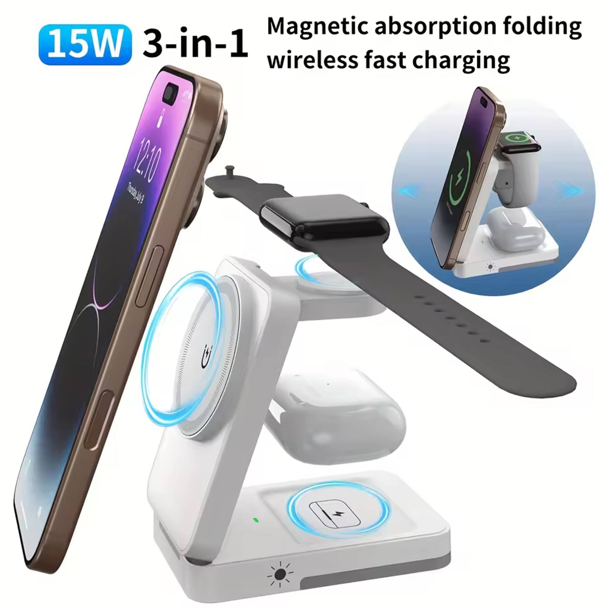 Magnetic absorption folding 15W 3-in-1 wireless fast charging