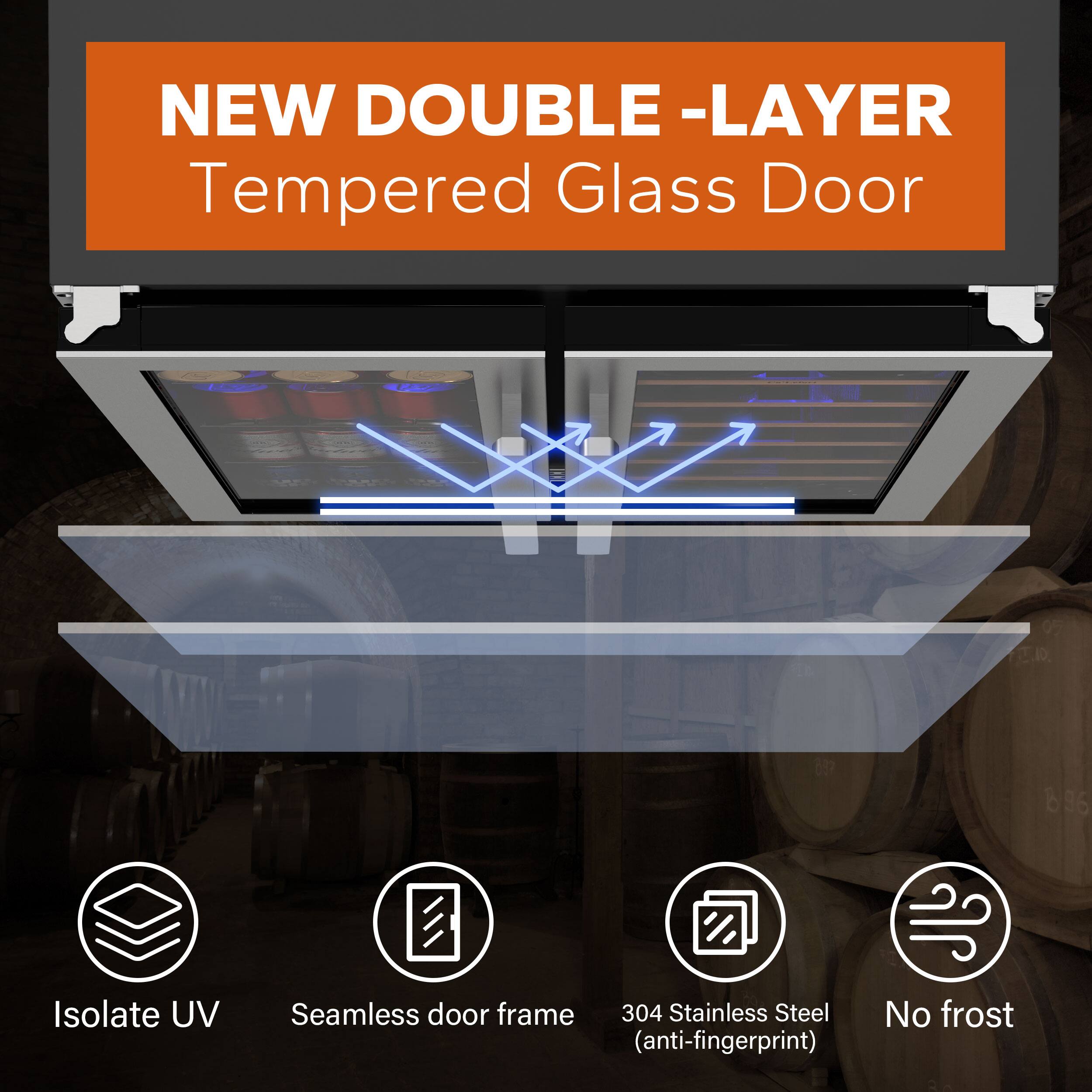 NEW DOUBLE-LAYER  
Tempered Glass Door

- Isolate UV
- Seamless door frame
- 304 Stainless Steel (anti-fingerprint)
- No frost