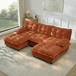 Anysun - 107" U-Shape Cloud Sectional with 2 Ottomans - Modular Chenille Sofa, 3-Seat Deep Design, Lattice-Decor Cushions - Orange