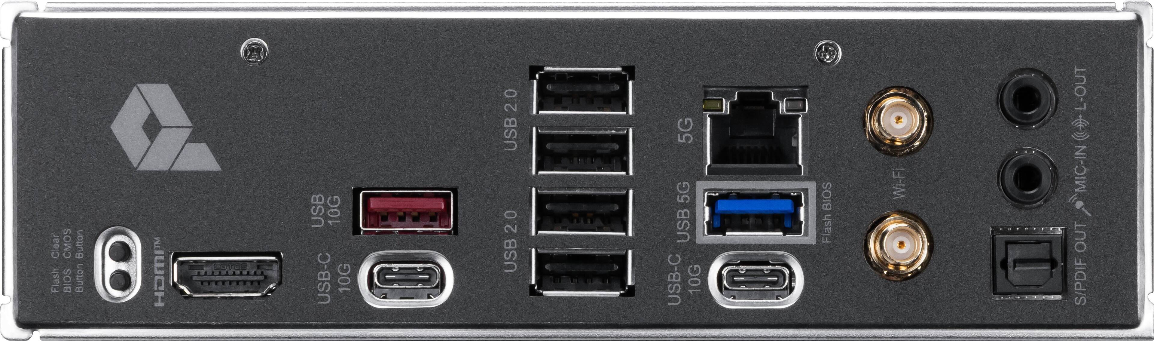 A Clear CMOS Button  
Flash BIOS Button  
HDMI 1.4  
USB 10G  
USB-C 10G  
USB 2.0  
USB 5G  
USB-C 5G  
USB-C 10G  
Flash BIOS  
Wi-Fi  
L-OUT  
MIC-IN  
OUT  
S/PDIF